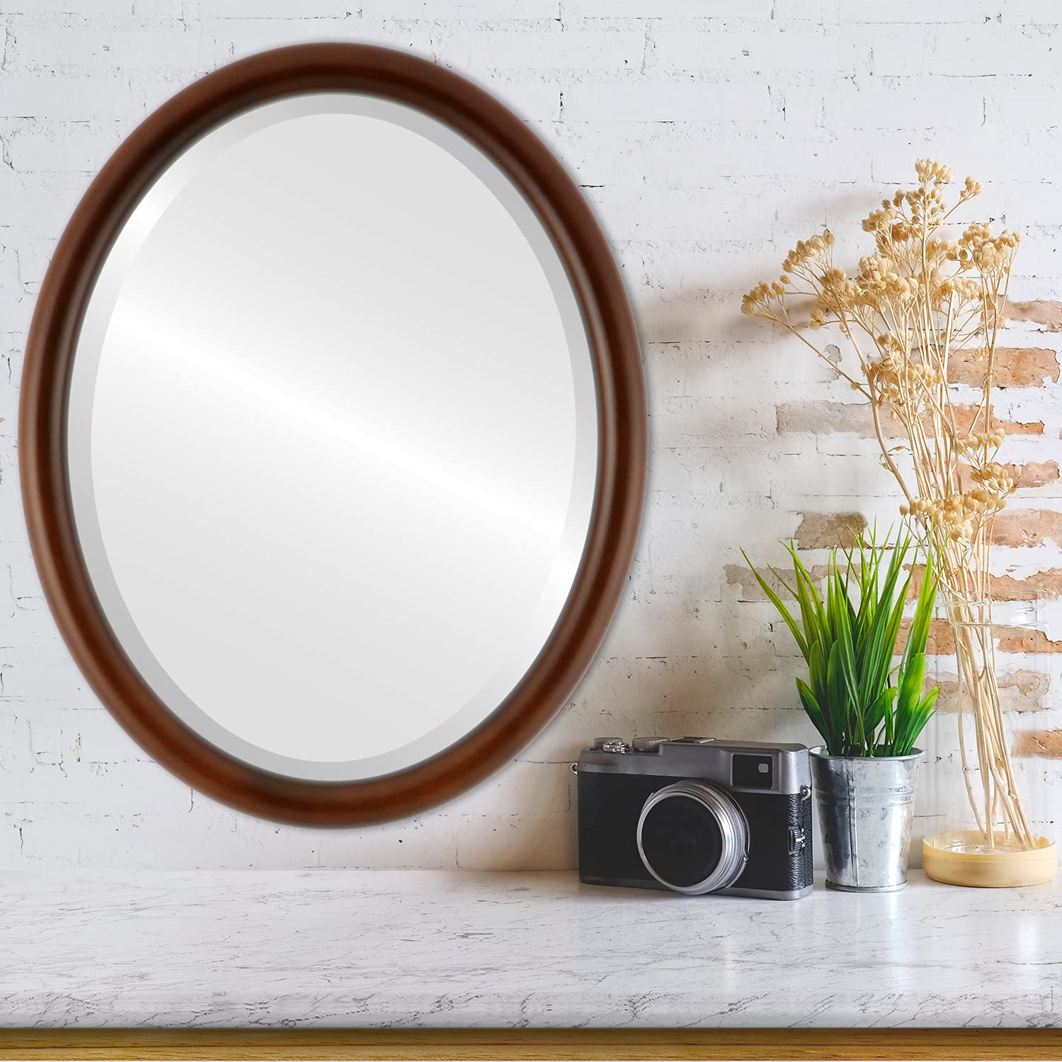 Oval Wooden Beveled Wall Mirror - 14x18 Inches Walnut Frame - Elegant Home Decor for Bathroom, Vanity, Bedroom, Living Room & Hallway - Perfect for Adding Depth & Style to Small Spaces