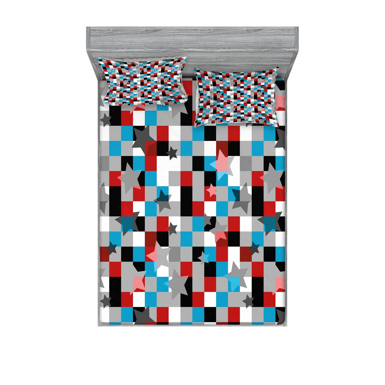 Modern 2-Piece Queen Size Fitted Sheet & 4 Pillow Sham Set - Geometric Squares & Stars Pattern Bedding in Red, Blue, Grey & Black | Complete 4-Pc Luxury Bedding Decor for Master Bedroom, Guest Room & Dorm