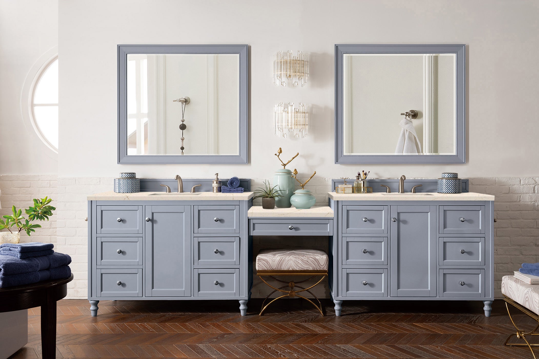 Copper Cove Encore 122 Double Vanity Set with Makeup Table - Silver Gray Finish & 3CM Eternal Marfil Quartz Top | Modern Bathroom Vanity for Master Bath, Guest Bath & Powder Room