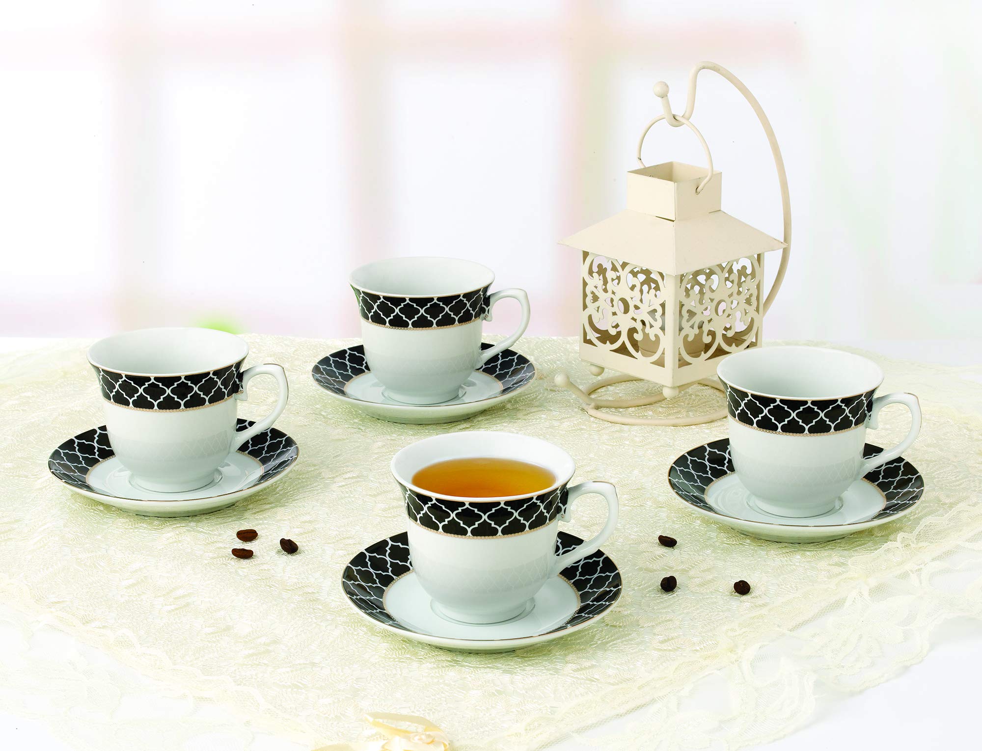 Lorren Home Trends Domino-4 Black Coffee Cups and Saucers Set - Elegant Porcelain Tea Cups for Coffee, Tea, or Espresso - Perfect for Home, Office, or Restaurant Use