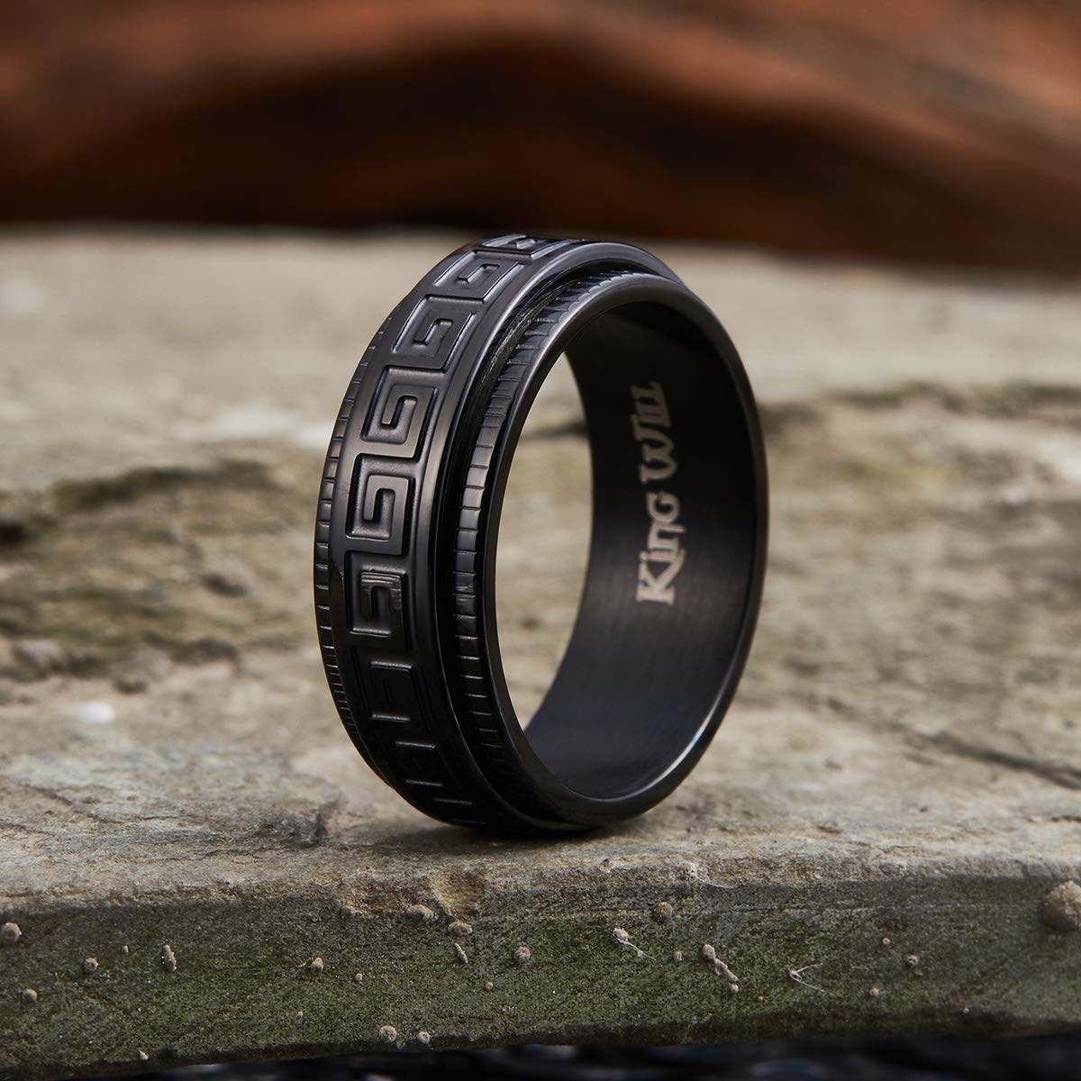 King Will 8mm Stainless Steel Fidget Spinner Ring for Men - Black/Silver Brushed Finish with Greek Key, Viking, Roman Numerals & Hammered Patterns - Anxiety Relief Ring for Stress & Focus - Perfect for Office, Travel & Daily Wear