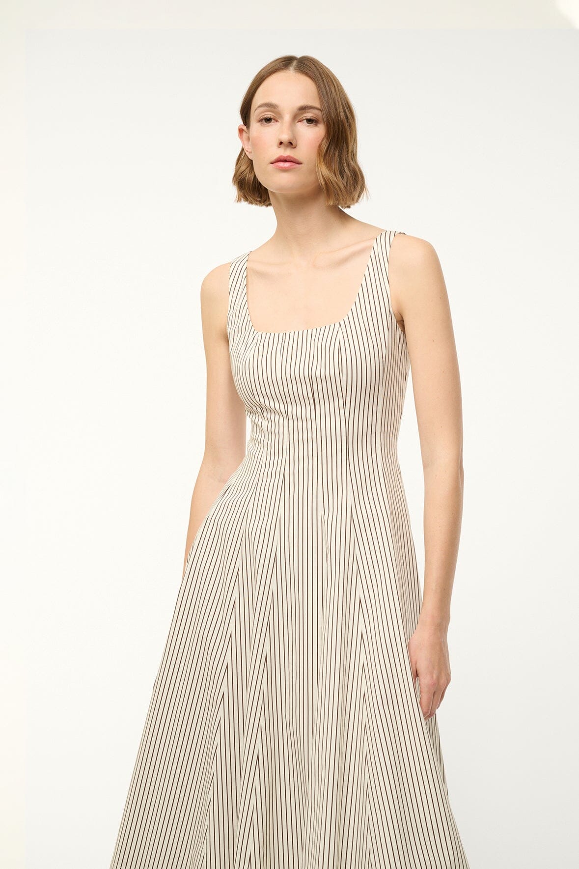 WELLS DRESS | Ivory Dark Oak Micro Stripe Women's Dress - Perfect for Office Wear, Cocktail Parties & Formal Events