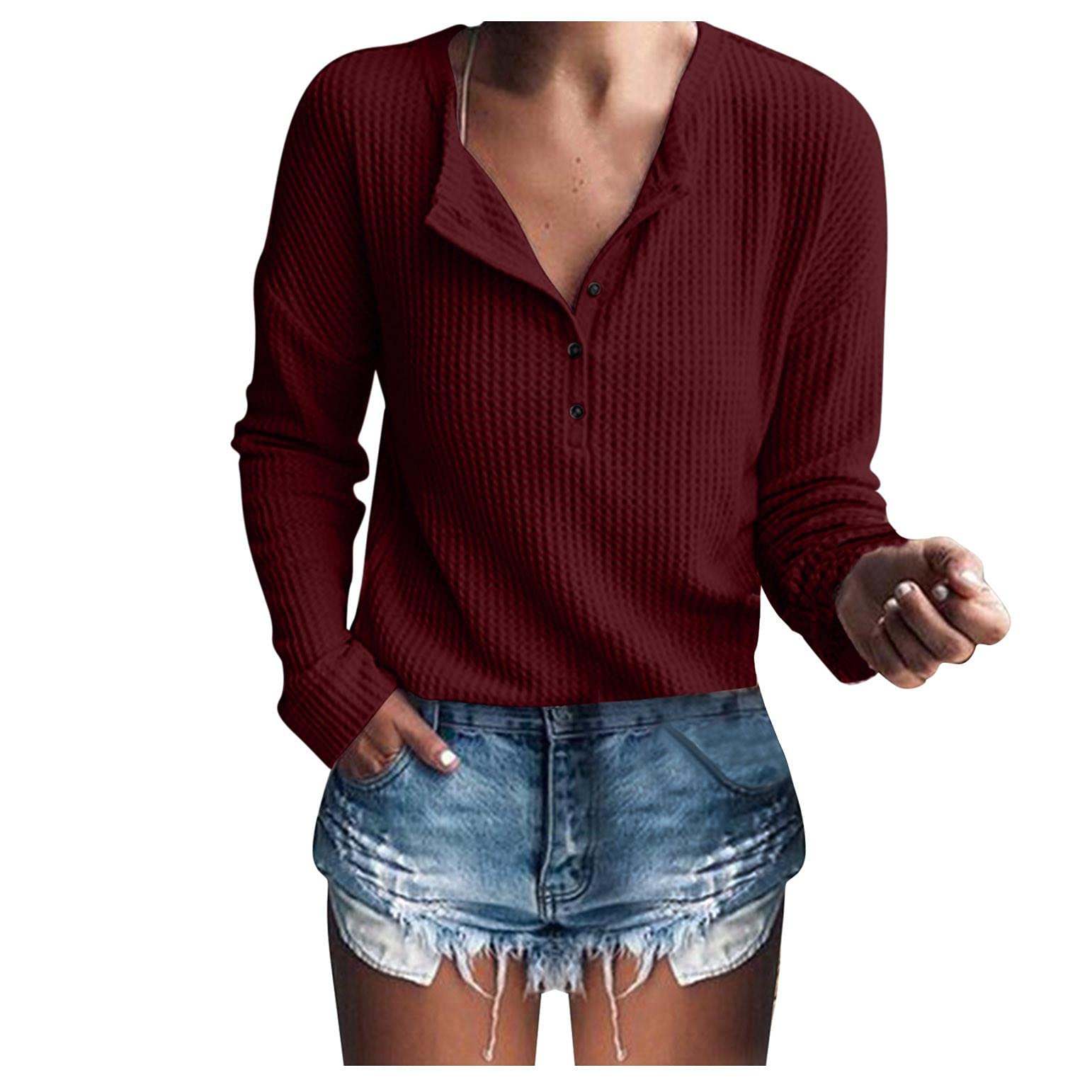 Women's Long Sleeve Henley Shirts - Button Down Ribbed Blouse with V Neck & Slim Fit | Casual Tops for Everyday Wear, Office & Date Night Outfits