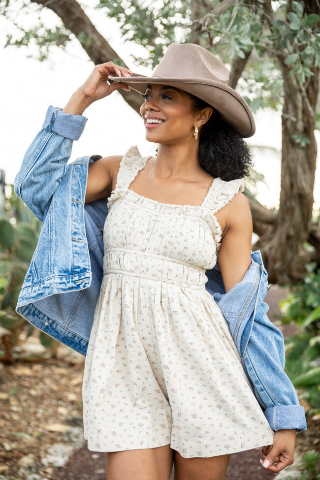 Out West Beige Printed Denim Romper Dress for Women - Western Style Jumpsuit with Pockets | Perfect for Summer, Music Festivals & Casual Outings