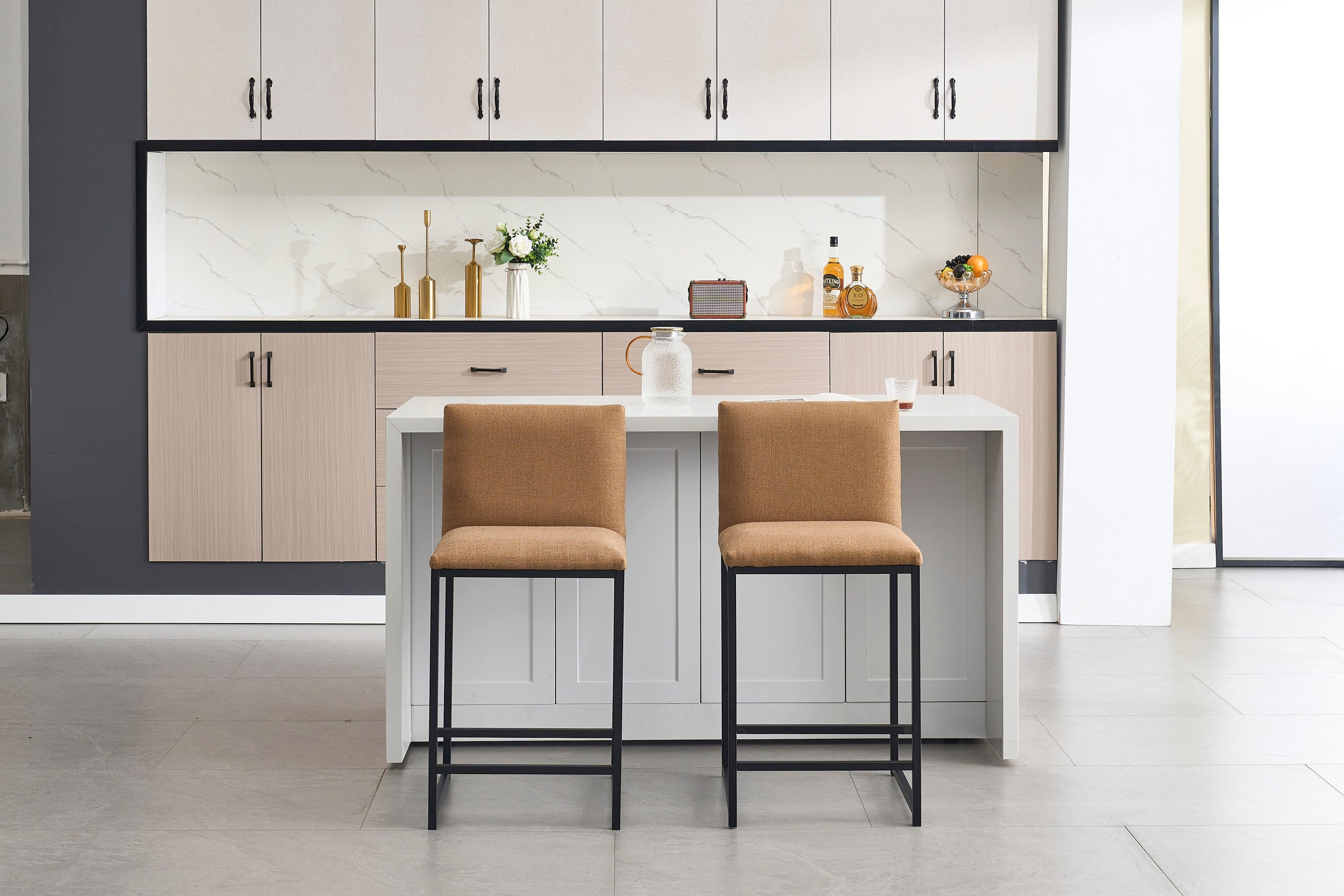 2-Pack Counter Height Bar Stools with Upholstered Linen Seats & Metal Footrest - Modern Kitchen Island Stools for Dining Room, Breakfast Nook, Coffee Shop or Home Bar (Black/Gray)