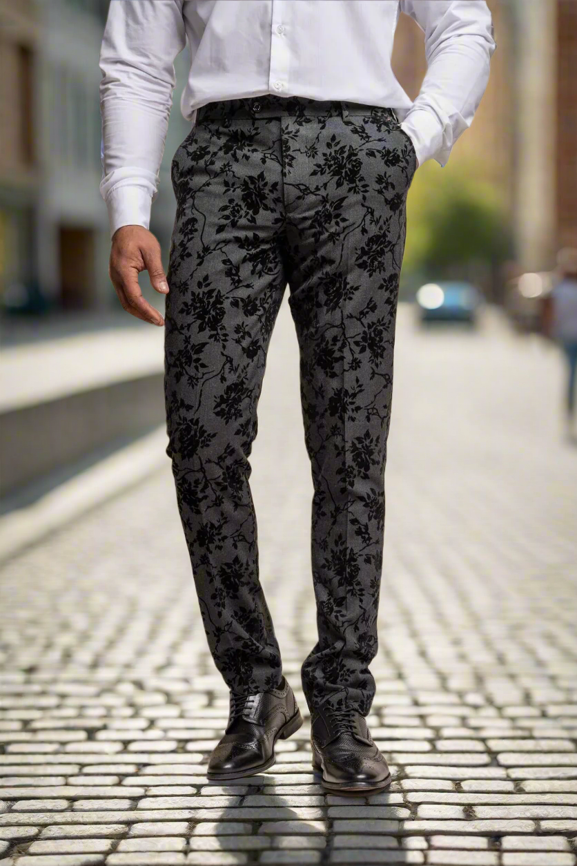 Cavani Georgi Black Floral Suit Pants for Men - Formal Business Trousers with Elegant Floral Pattern - Perfect for Weddings, Office & Special Occasions