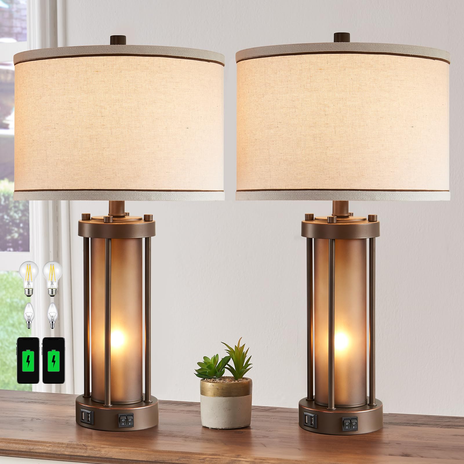 Vintage Farmhouse Table Lamps Set of 2 with USB Ports - Rustic Nightstand Lamps with Amber Glass Shade for Living Room, Bedroom, Entryway - Includes 4 Edison Bulbs (Brown) - Perfect for Home Decor, Reading Nook & Cozy Ambience Lighting