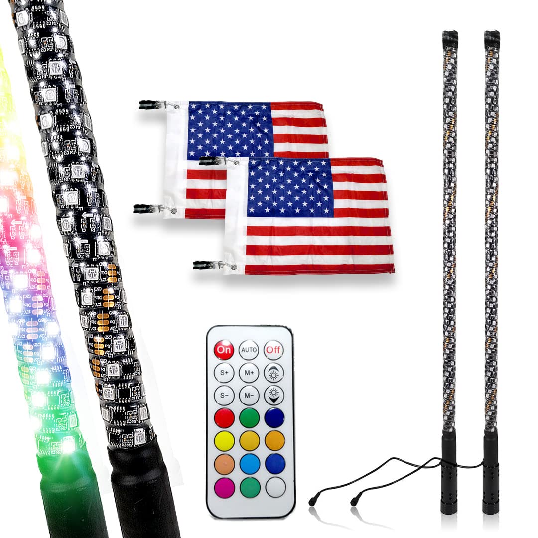 RGB LED Whip Lights Antenna - 5 Feet Chase Dual Color Off-Road ATV UTV RZR Sand Dune Buggy Wrangler 4X4 Quad Boat Marine Flag Mount - Perfect for Night Riding, Off-Road Adventures & Marine Use