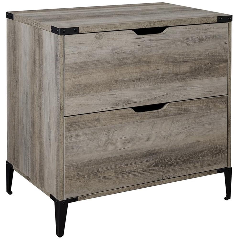 Walker Edison Harrison Modern Farmhouse 2-Drawer Angle Iron Filing Cabinet, 30 Inch Grey Wash - Stylish Home Office Storage for Documents & Supplies