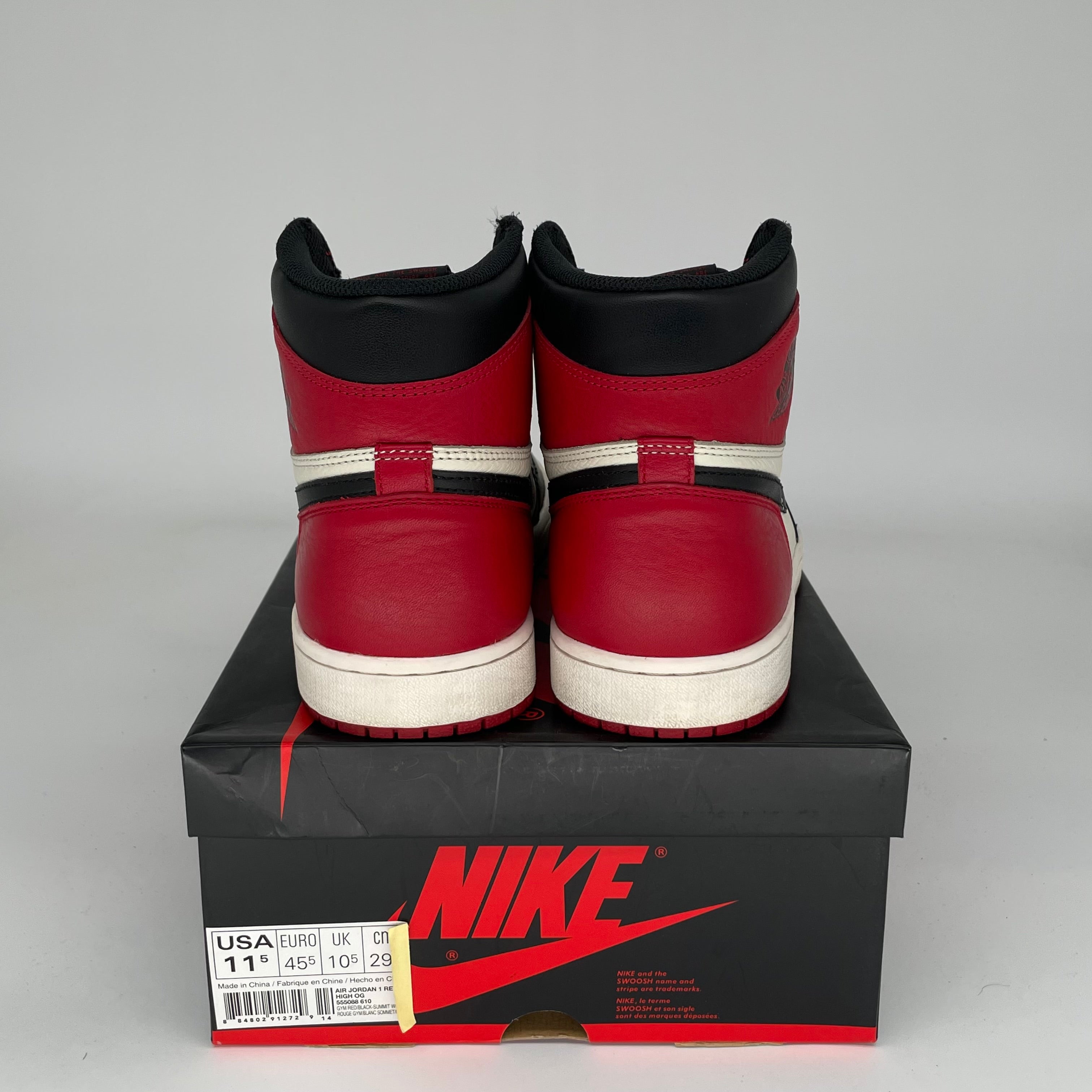 Original Air Jordan 1 Retro High OG 'Bred Toe' Men's Basketball Shoes Size 11.5 (555088-610) - Perfect for Streetwear, Sneaker Collecting & Casual Fashion