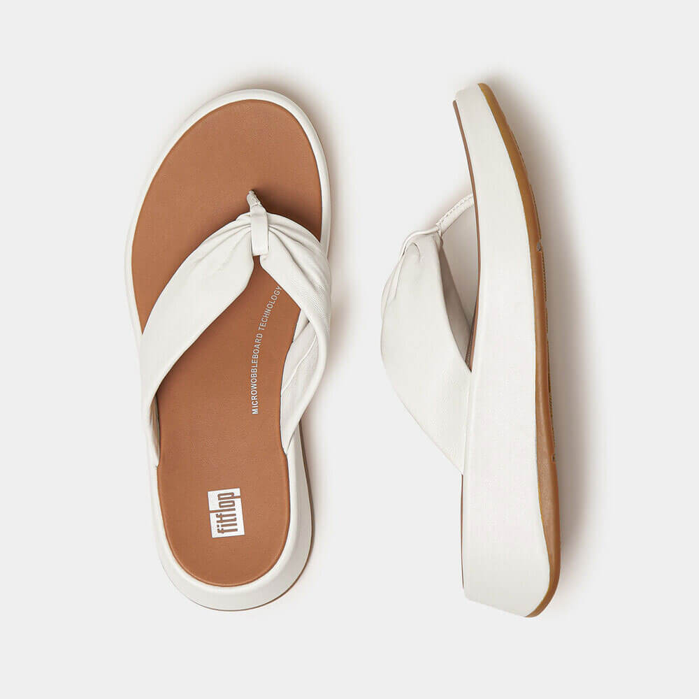 FitFlop F Mode Leather Twist Flatform Toe Post Sandals for Women - Comfortable Summer Beach Walking Shoes in Urban White | Perfect for Vacation, Poolside & Casual Outings