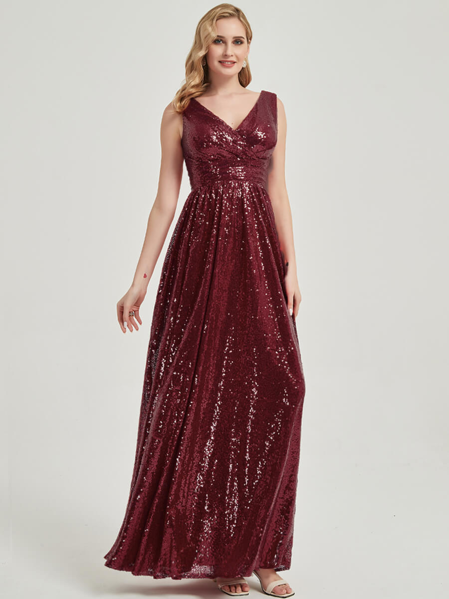 Elegant Burgundy V-Neck Sleeveless Empire Waist Sequin Maxi Dress for Bridesmaids - Perfect for Weddings, Proms & Formal Evening Events