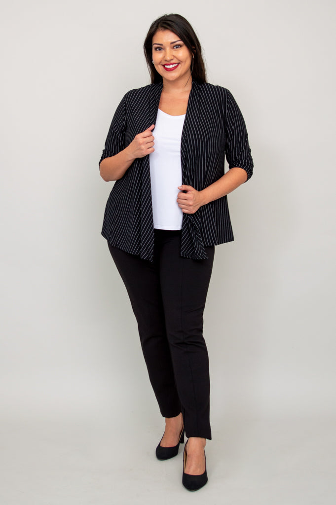 Kathy Jacket Women's Lightweight Blazer - Black & White Pin Stripe Bamboo Fabric - Perfect for Office Wear, Business Meetings & Professional Outfits