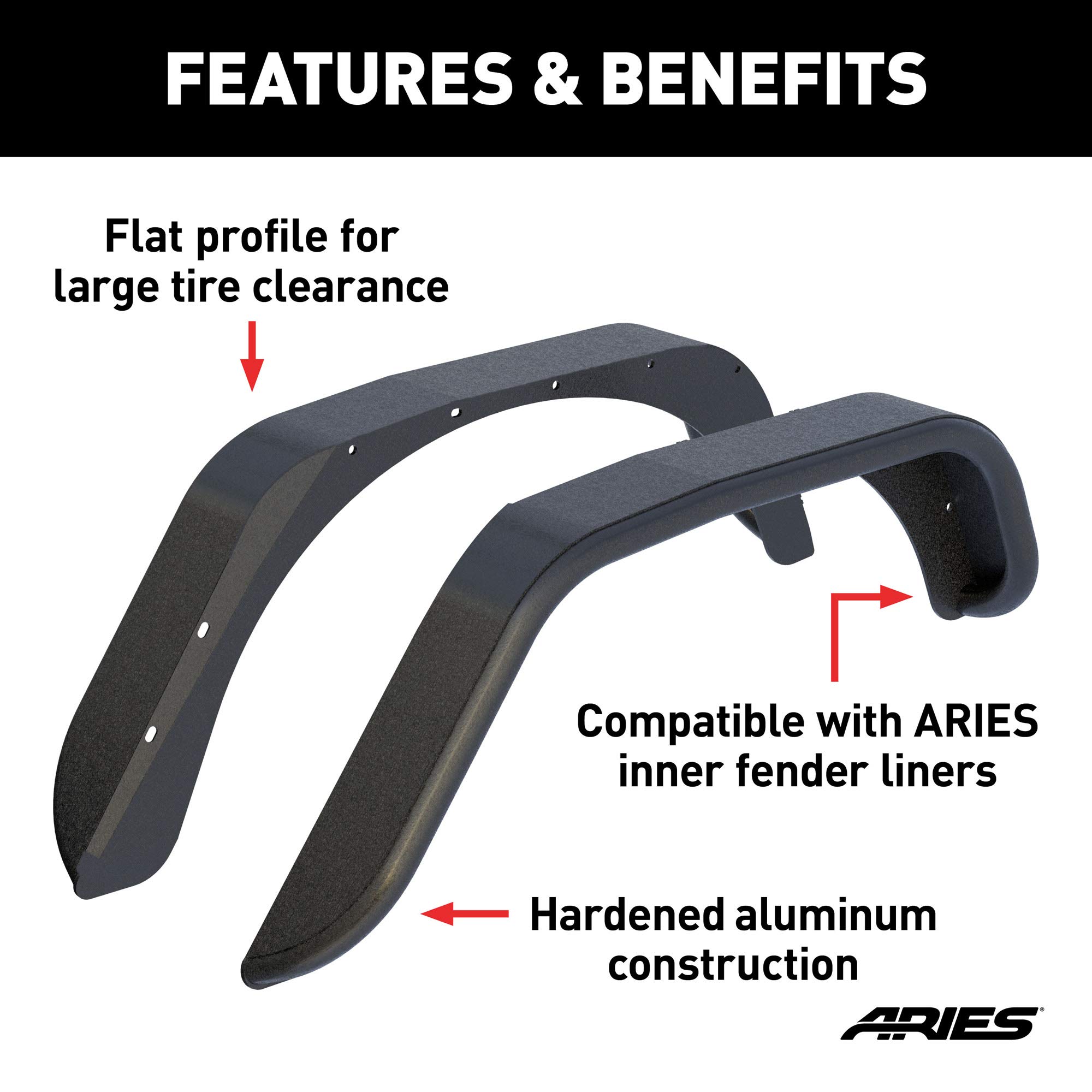 ARIES 2500201 Black Aluminum Rear Fender Flares for Jeep Wrangler JK (2007-2018) - Heavy Duty Off-Road Protection & Stylish Upgrade for Adventure & Daily Driving