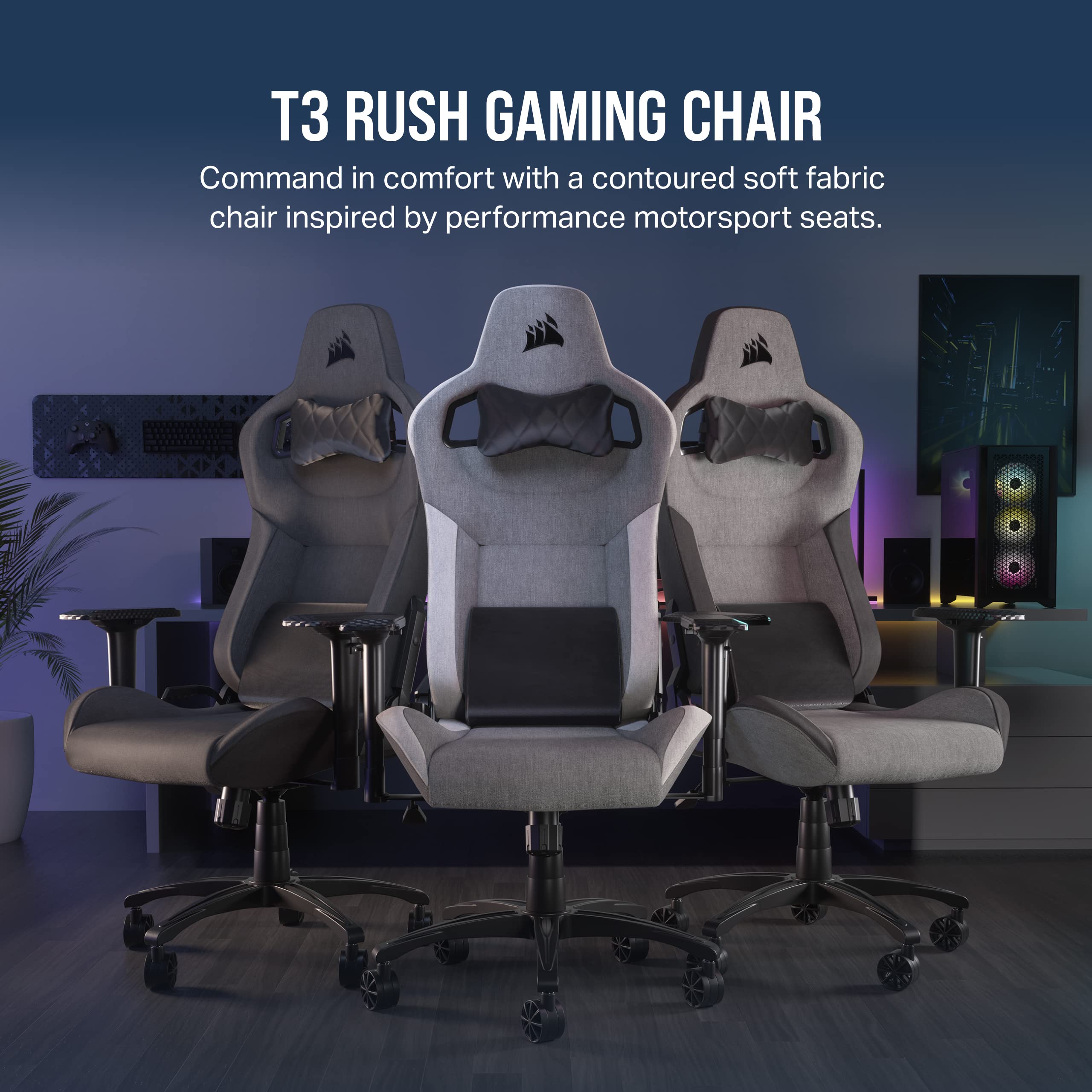 Corsair T3 Rush Fabric Gaming Chair (2023) - Ergonomic Racing Style PC Chair with Soft Fabric, Memory Foam Lumbar Support & Adjustable Height - Gray/Charcoal - Perfect for Esports, Streaming & Home Office Setup