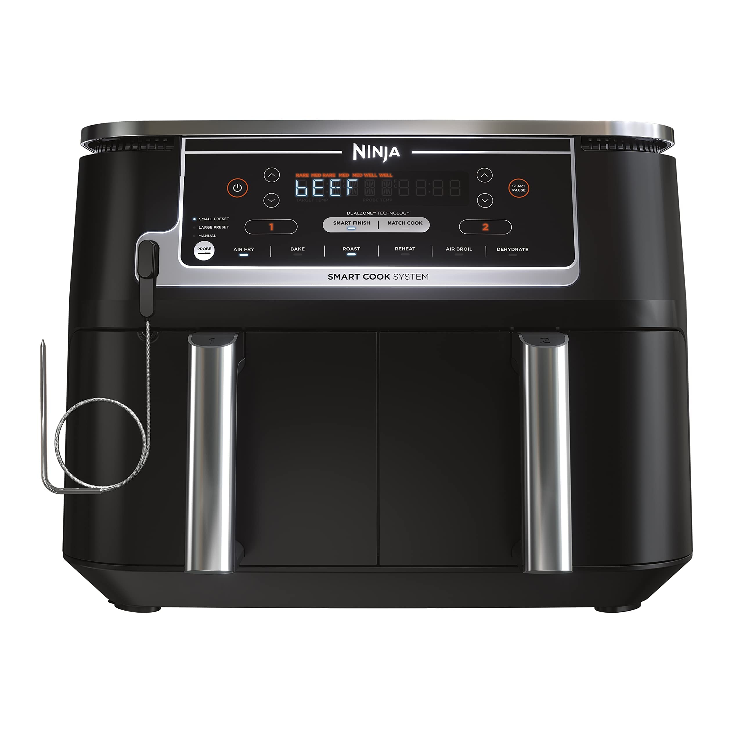 Ninja DZ550 Foodi 10 Quart 6-in-1 DualZone Smart XL Air Fryer with 2 Independent Baskets - Smart Cook Thermometer, Match Cook & Smart Finish - Roast, Bake, Dehydrate - Perfect for Family Dinners, Meal Prep & Healthy Cooking (Renewed, Grey)