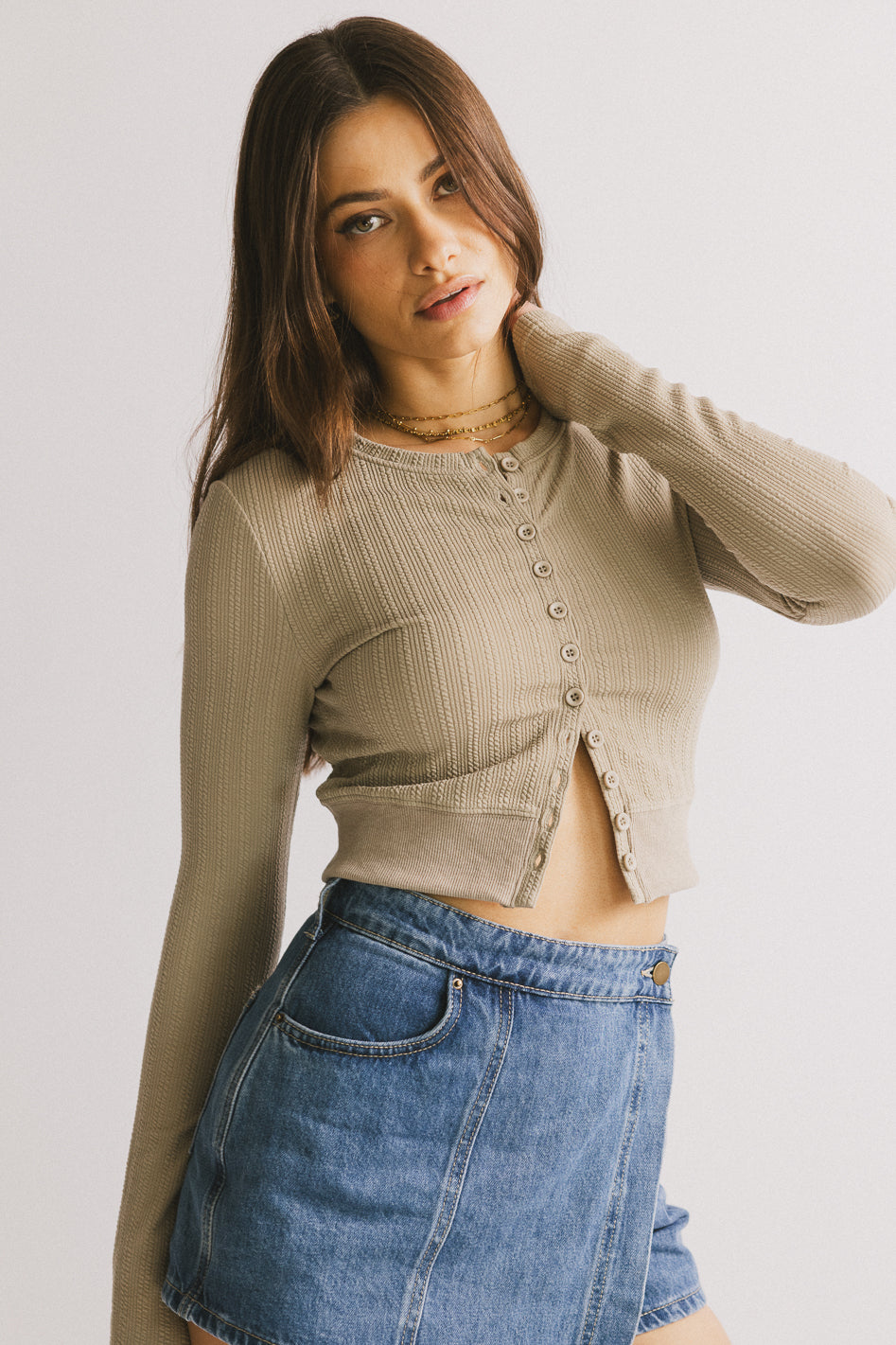 Women's Mallory Button Front Blouse in Taupe - Casual Office Wear & Everyday Outfit