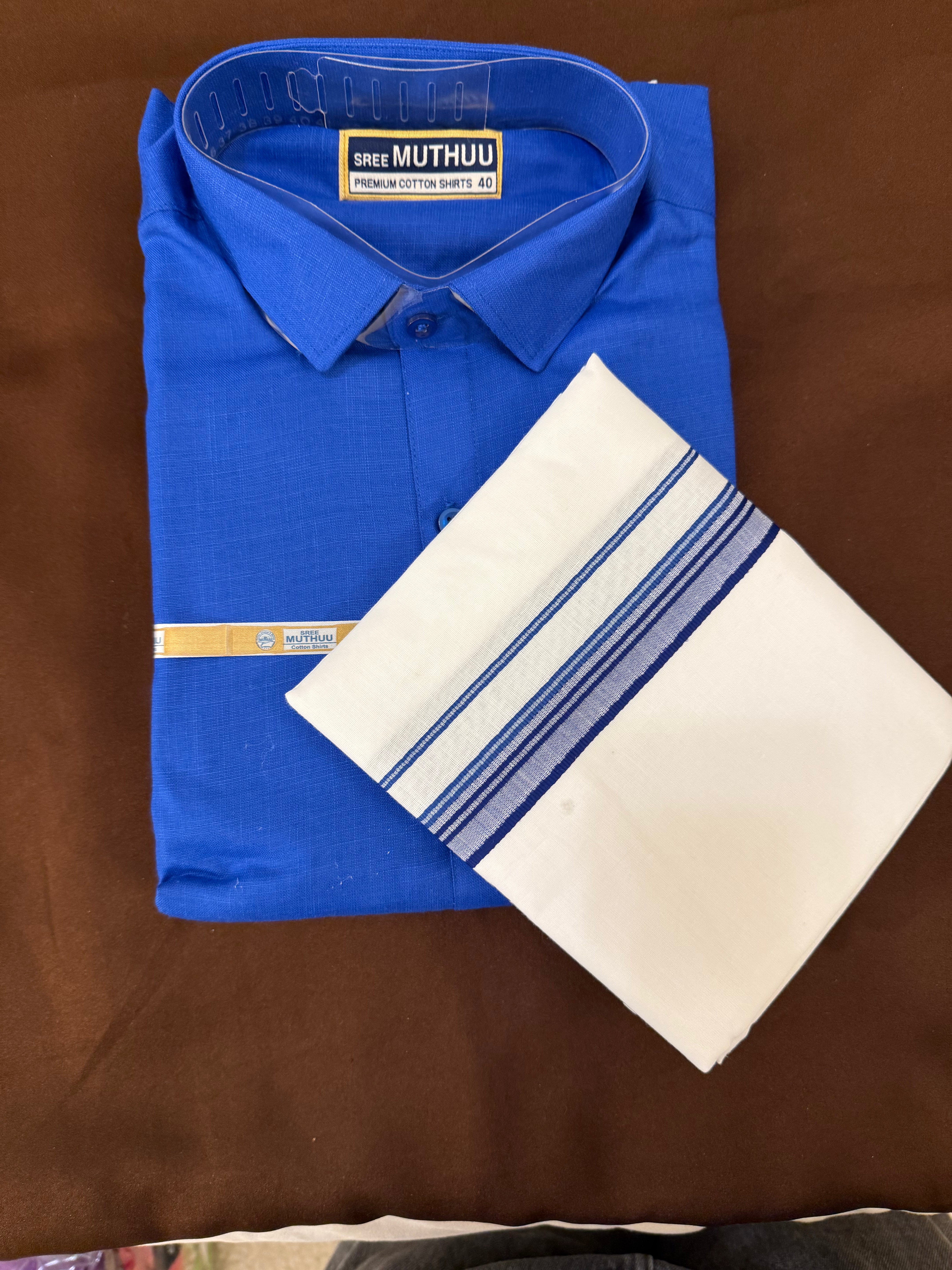 Royal Blue Cotton Men's Shirt with Blue Border Dhoti - Comfortable Traditional Indian Attire for Weddings, Festivals & Cultural Events