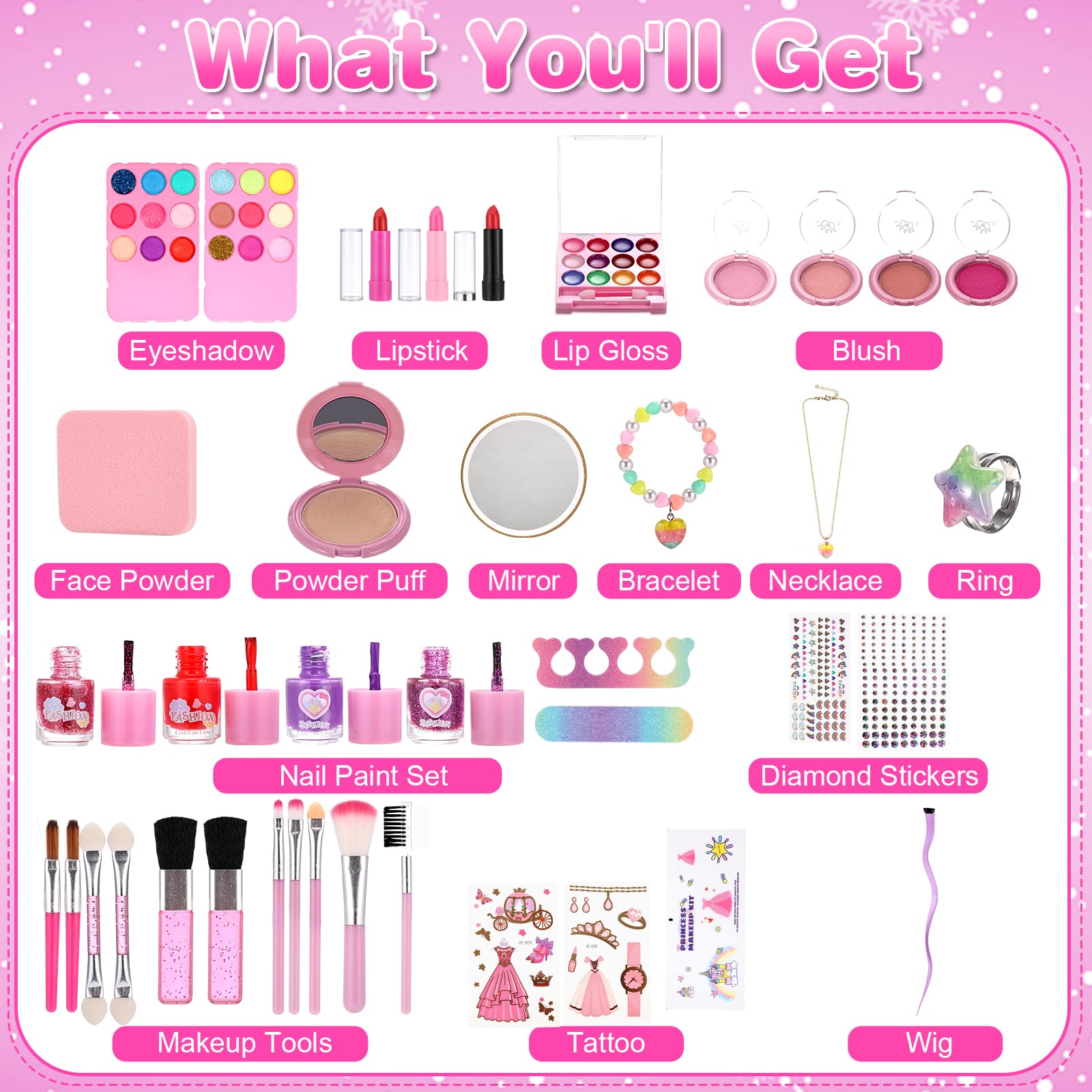 Anpro 68PCS Washable Kids Makeup Kit - Princess Cosmetic Set for Girls Ages 3-10 | Non-Toxic, Hypoallergenic | Perfect Birthday & Christmas Gift (Pink) | Pretend Play, Dress Up, Party Fun