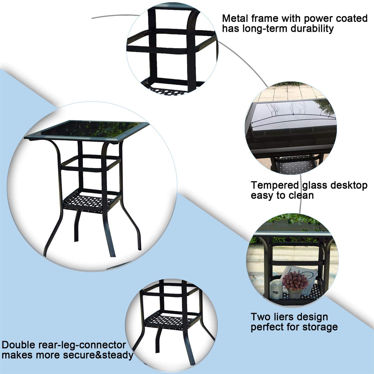 **PatioFestival Outdoor Bar Stools - Swivel Bar Height Chairs with Padded Cushion & Glass Top Table - Counter Height Patio Furniture Set for Balcony, Deck, or Backyard Dining**