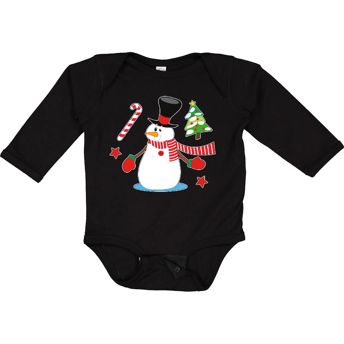 Inktastic Top Hat Snowman with Christmas Tree & Candy Cane - Festive Long Sleeve Baby Bodysuit for Christmas, Holiday Photos & Family Gatherings