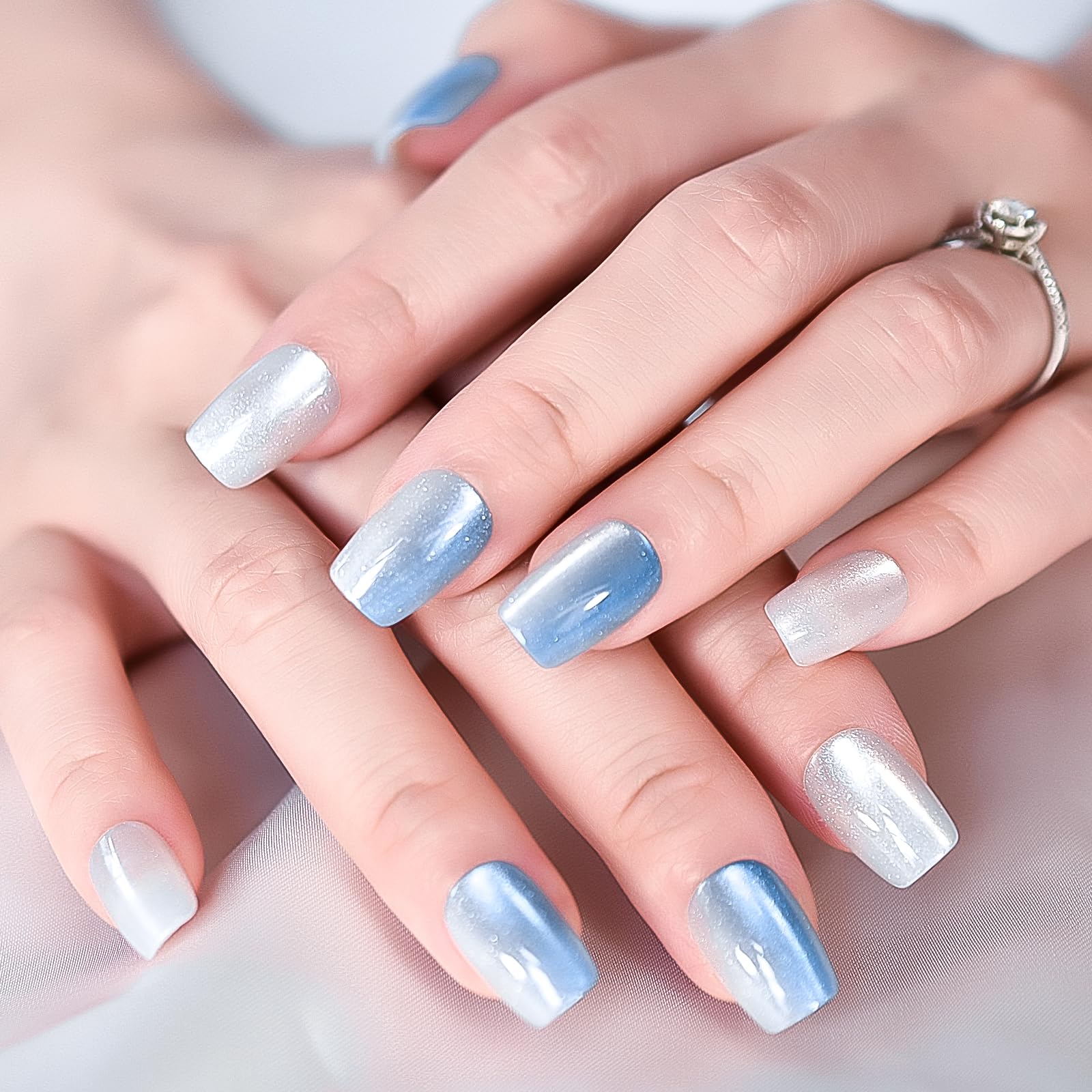 30pcs Ombre Blue Press On Fake Nails - Coffin Squoval Medium Length Acrylic False Nails with Silver Cat Eye Design, Reusable Glue On Nails for Women & Girls - Perfect for Salon Manicure, Parties, Weddings & Daily Wear