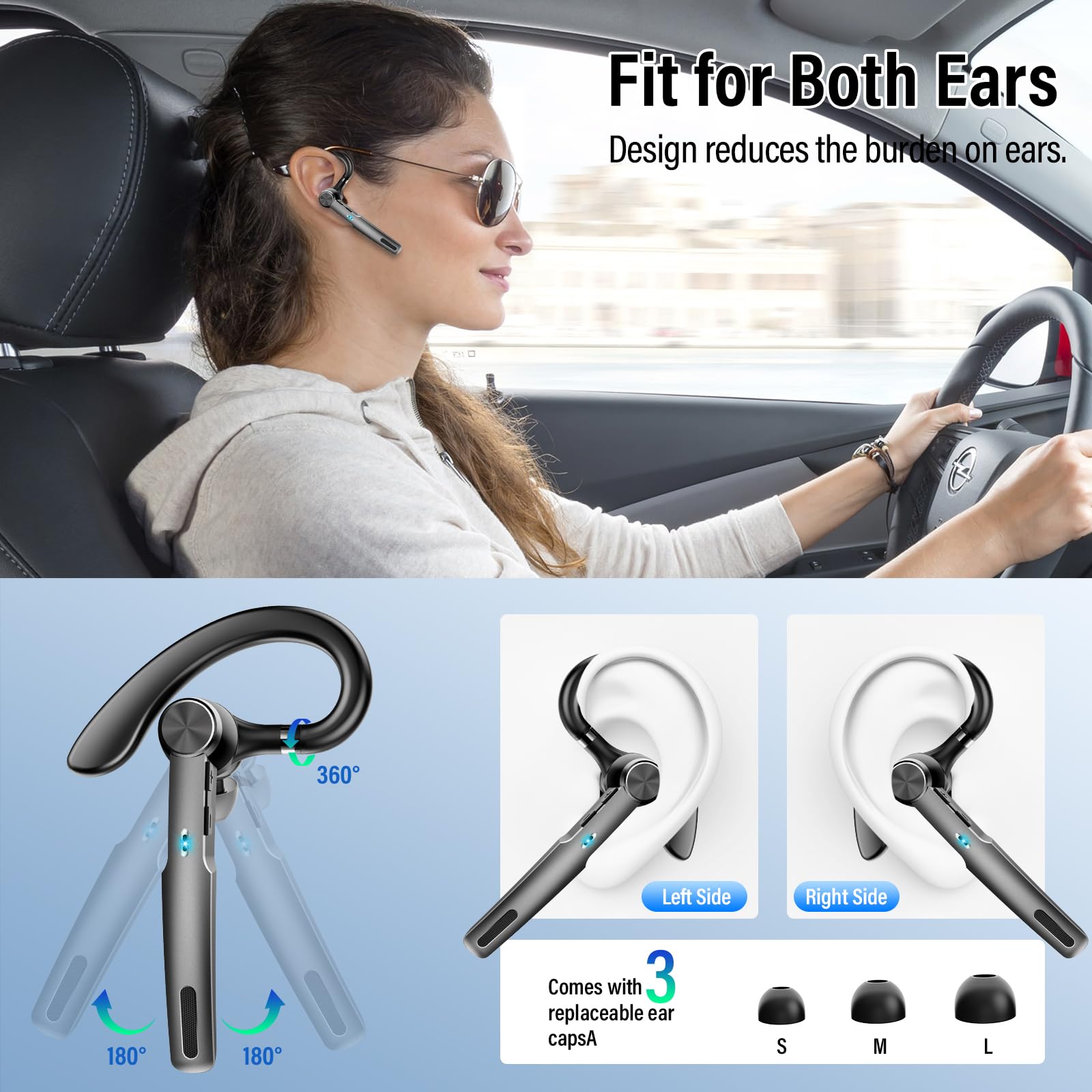 Wireless Bluetooth Headset with ENC Noise Cancelling Mic - 60H Talk Time, Single-Ear V5.3 Earpiece & 400mAh Charging Case - IP7 Waterproof Hands-Free Headphones for iPhone Android Phones (Black) - Perfect for Driving, Office Calls & Remote Work