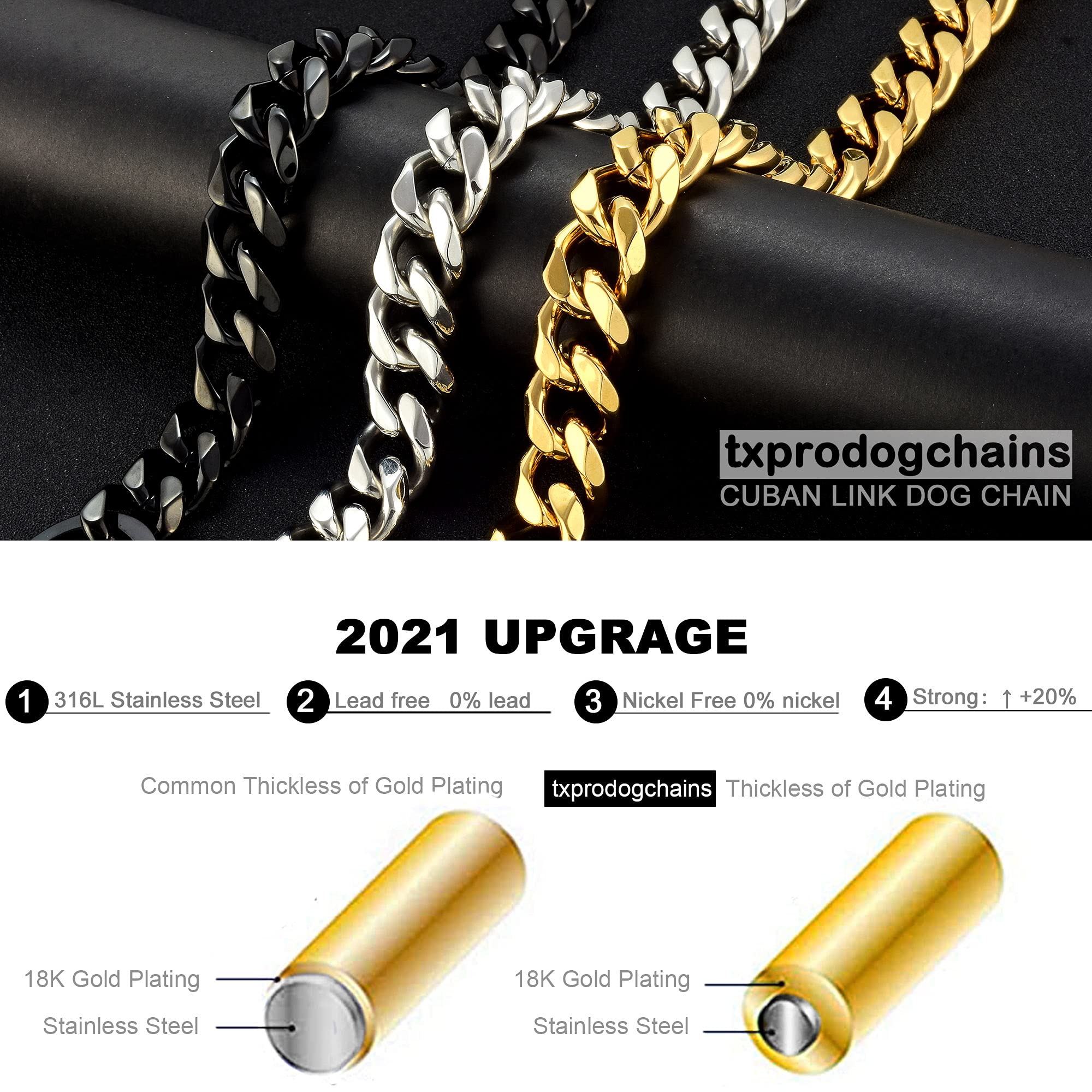 TXPRODOGCHAINS Chew Proof Gold Dog Collar - 15mm Thick Heavy Duty Stainless Steel Cuban Link Chain Collar for Small, Medium & Large Dogs - Perfect for Training, Walking & Outdoor Adventures