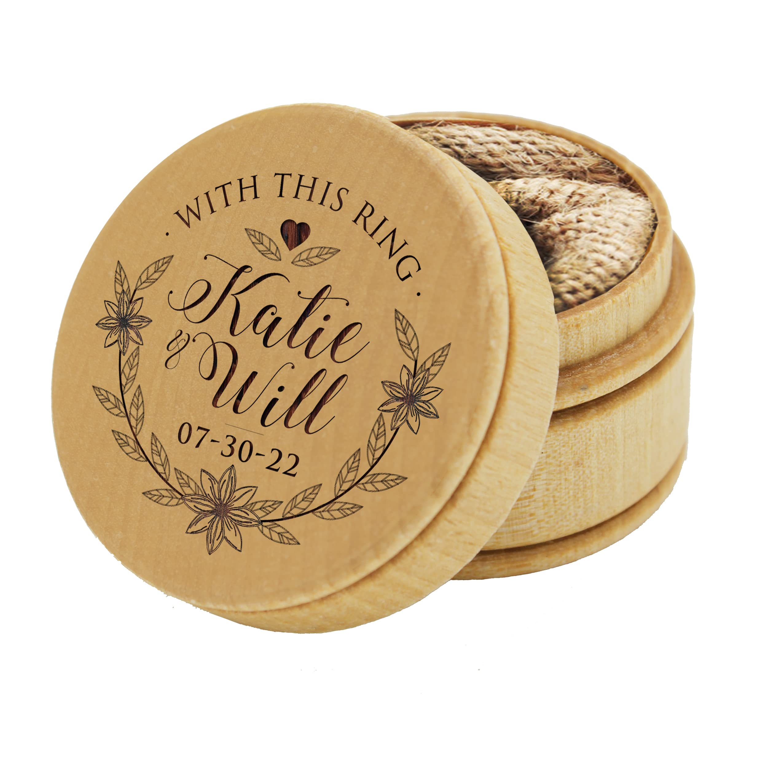 Personalized Engraved Wood Ring Box - Custom Rustic Round Ring Bearer Holder for Wedding, Engagement & Proposal - Perfect for Jewelry Gift Box & Keepsake Storage