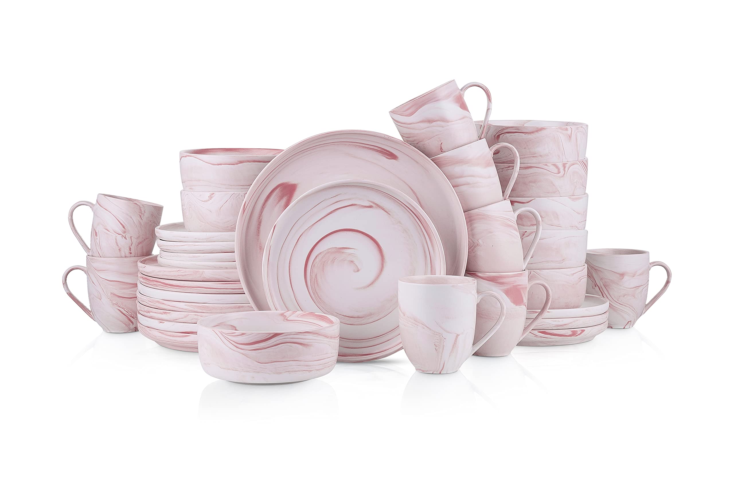 32-Piece Matte Pink Stone Lain Marble Porcelain Dinnerware Set - Service for 8, Elegant Dinner Plates, Bowls & Cups - Perfect for Weddings, Dinner Parties & Holiday Gatherings