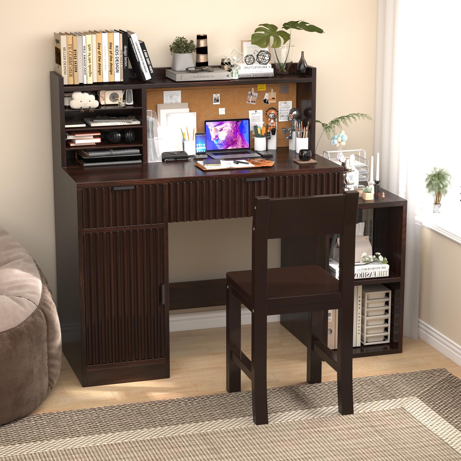 Kids Study Desk and Chair Set for Ages 5-12 - Espresso Wooden Children's Computer Desk with Bulletin Board, Storage Drawers & Cabinets - Perfect for Homework, Online Learning & Small Bedrooms (Model B10)