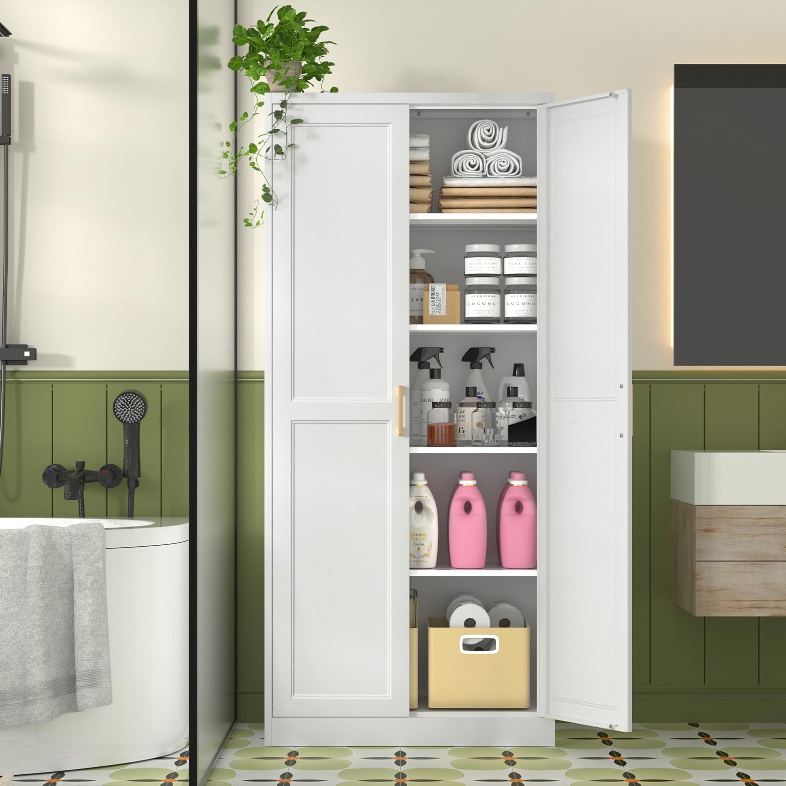 White Kitchen Pantry Cabinet with Adjustable Shelves & Doors - 71