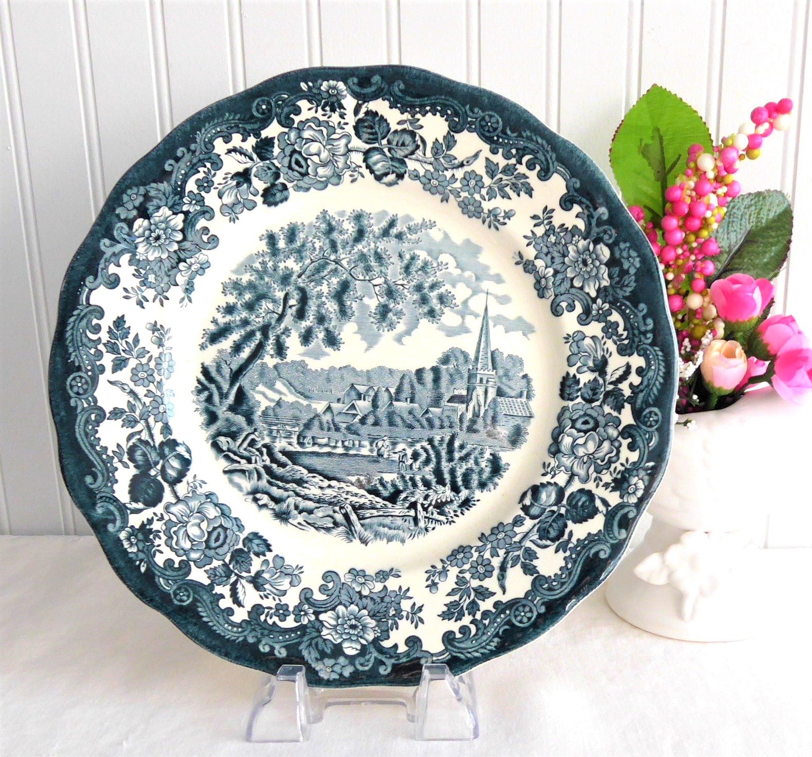 Vintage Palissy Avon Scenes Teal Transferware England 1970s Ironstone Stratford 9.75 Inches Plate - English Countryside Decor, Collectible Dinnerware for Tea Parties & Cottagecore Home Decor