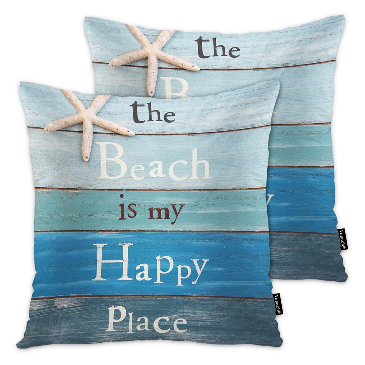 Vosach Vintage Wooden Decorative Pillow Covers - 'The Beach is My Happy Place' Quote Square Throw Pillow Cases (18x18 Inches, Set of 2) - Double-Sided Cushion Covers for Bedroom, Living Room, Office & Coastal Home Decor