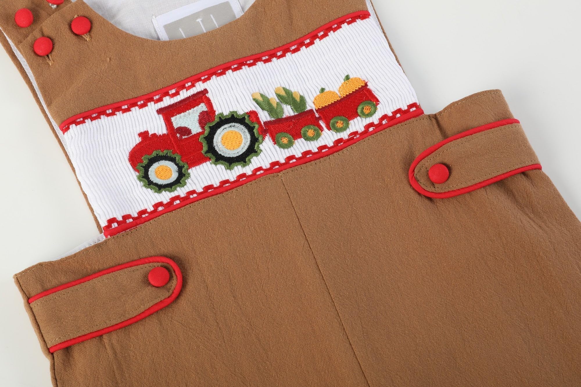 Brown Tractor Harvest Smocked Overalls for Boys & Girls | Farm-Themed Cotton Romper | Perfect for Outdoor Play, Farm Visits & Photo Shoots