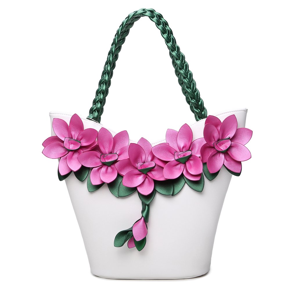 SUNROLAN Women's PU Leather Shoulder Bag - Elegant 3D Flower Tote Purse with Woven Handle, Crossbody Handbag (White) | Perfect for Work, Travel, Shopping & Daily Use