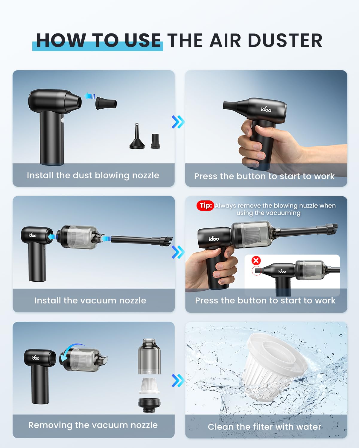 iDOO Cordless Electric Air Duster - 3-Speed for PC, Keyboard & Car Cleaning (Black)