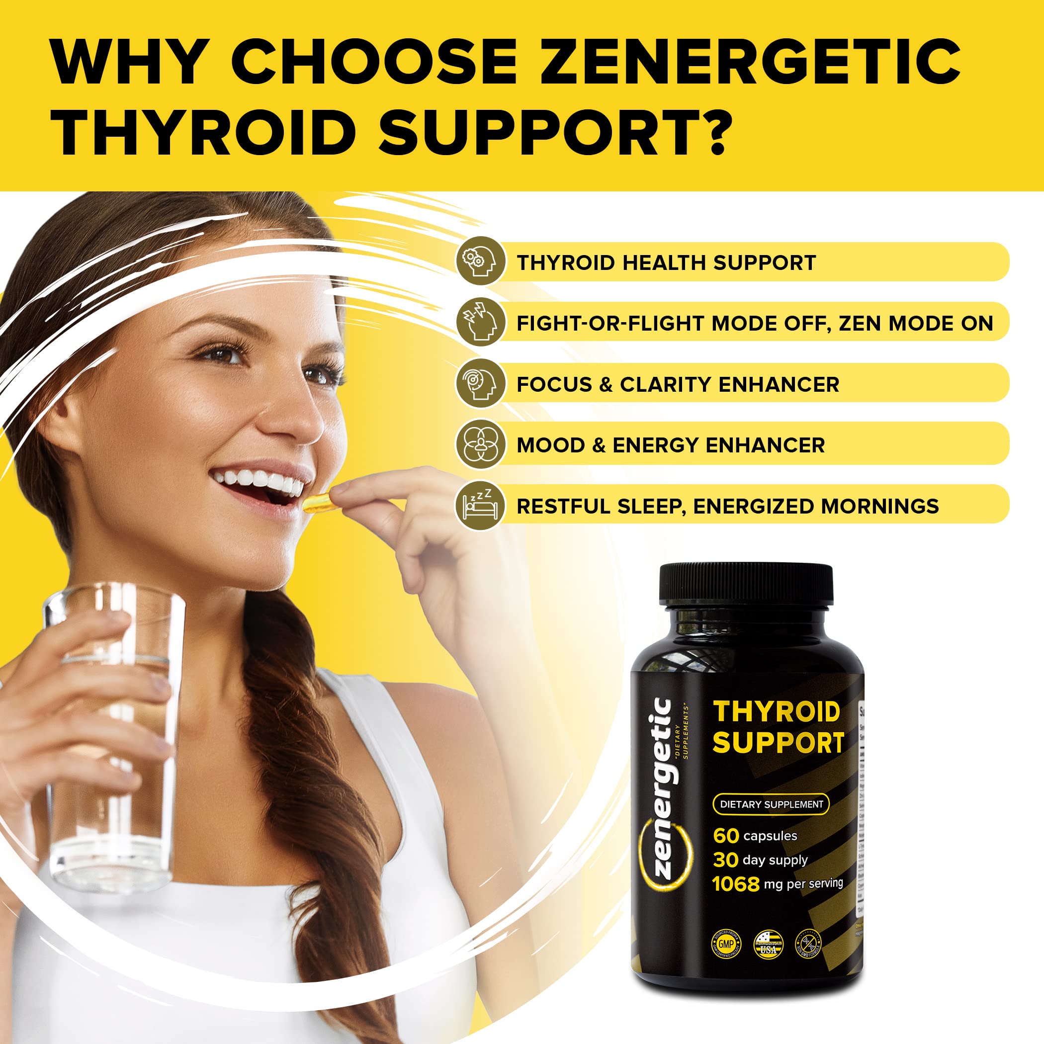 Thyroid Support Supplement with L-Tyrosine & Iodine for Focus, Clarity & Metabolism | Ashwagandha, Vitamin B12, Magnesium & Schisandra | Hormone Balance for Women & Men | Non-GMO | Boost Energy & Mental Performance for Workouts & Daily Life
