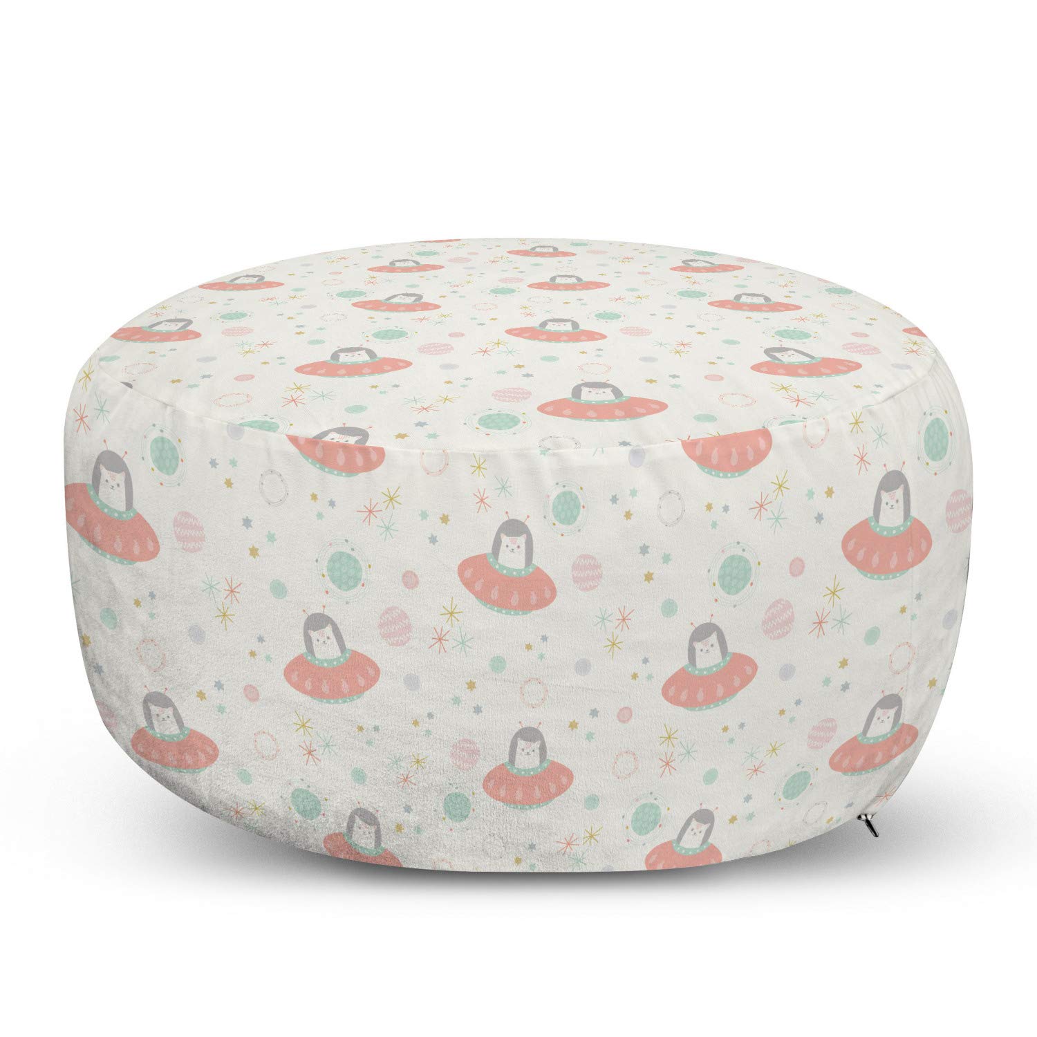 Ambesonne Cartoon Ottoman Pouf - Pastel Space Cats with Stars & Planets Design, Soft Foot Rest with Removable Cover for Living Room & Bedroom, Eggshell Multicolor - Perfect for Home Decor, Lounge Seating & Kids Room Accent