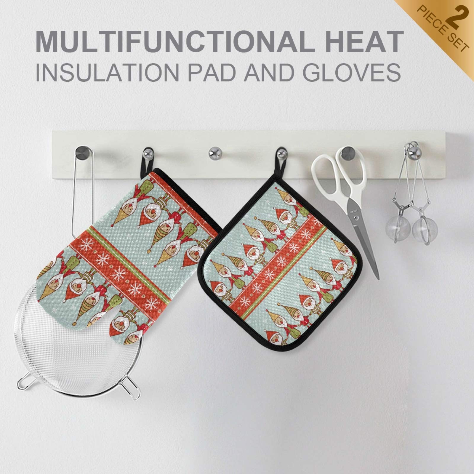 QUGRL Christmas Gnomes Santa Oven Mitts & Pot Holders Set - Heat Resistant Kitchen Gloves for Baking, Cooking, BBQ - Holiday Kitchen Accessories for Christmas Decor & Gift Giving