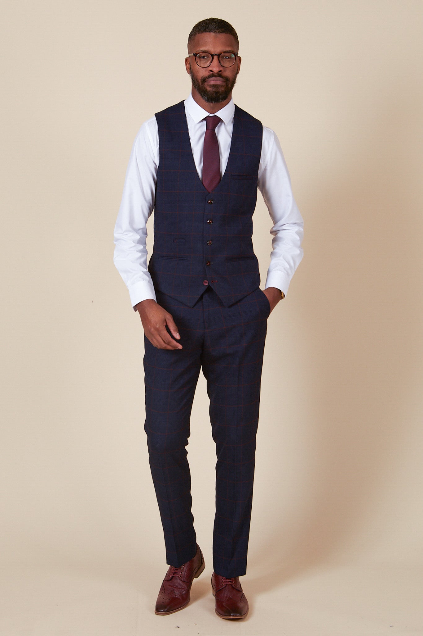 EDINSON Navy & Wine Check Three-Piece Suit for Men | Formal Business Attire | Wedding, Office & Special Occasion Outfit
