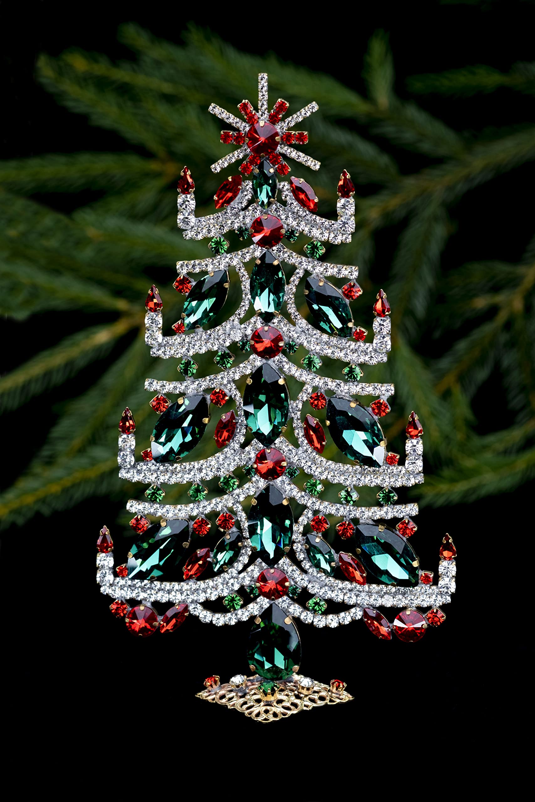 Handcrafted Bethlehem Christmas Tree with Clear, Red & Green Rhinestones - Elegant Tabletop Decor with Christmas Star & Flamed Candles | Perfect for Holiday Home Decor, Office Festive Display & Christmas Gift