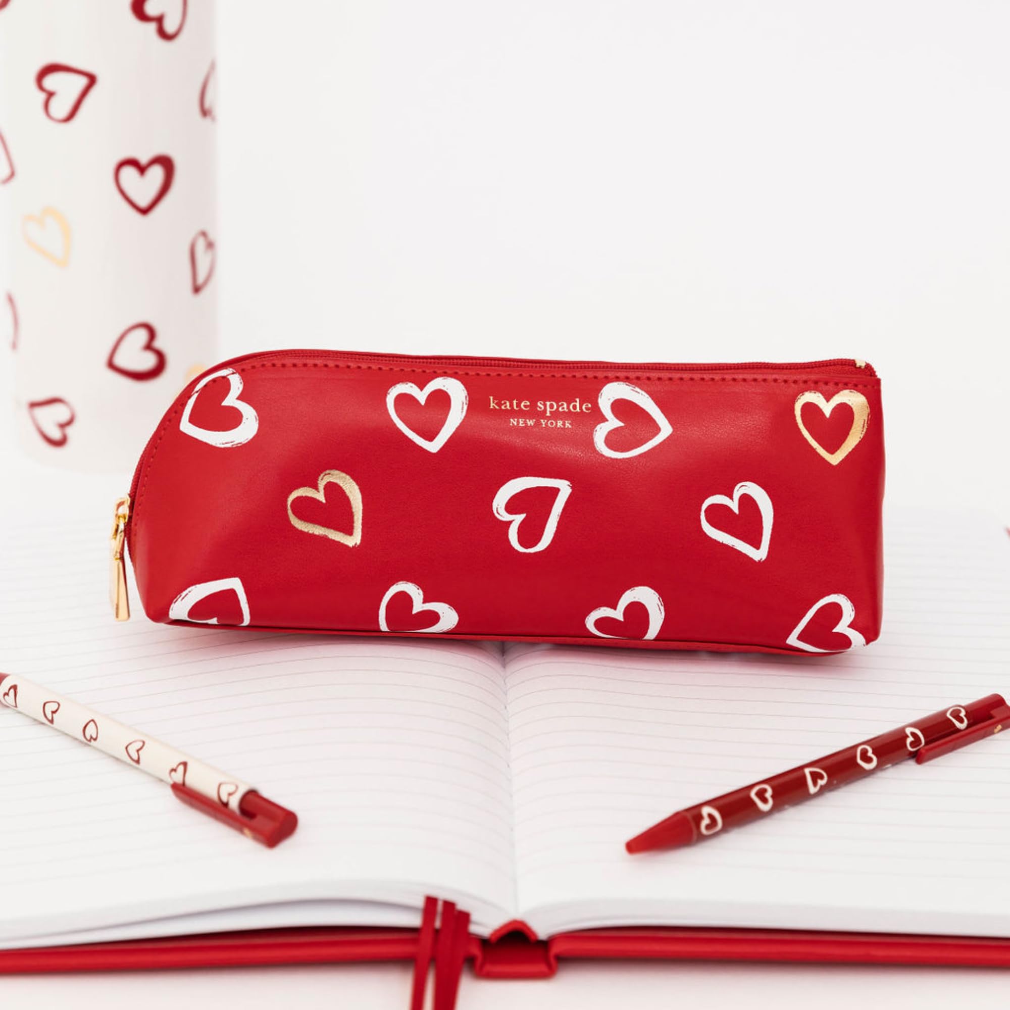 Kate Spade New York Heart Print Pen & Pencil Case Set - Includes 2 Pencils, Sharpener, Eraser, Ruler - Stylish Zip Pouch for Office, School, Work & Travel Organization (Brushstroke Hearts Design)