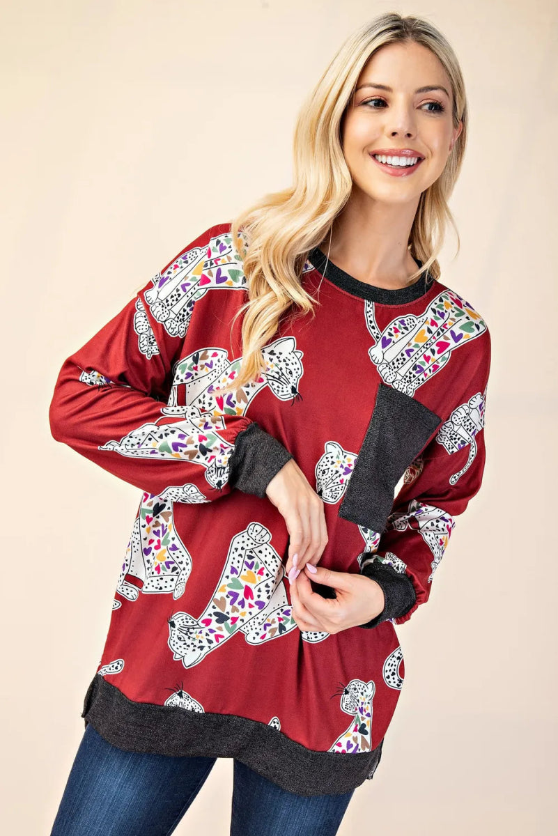 Celeste Women's Full Size Animal Print Contrast Round Neck T-Shirt | Casual Fashion Top for Everyday Wear & Outfits