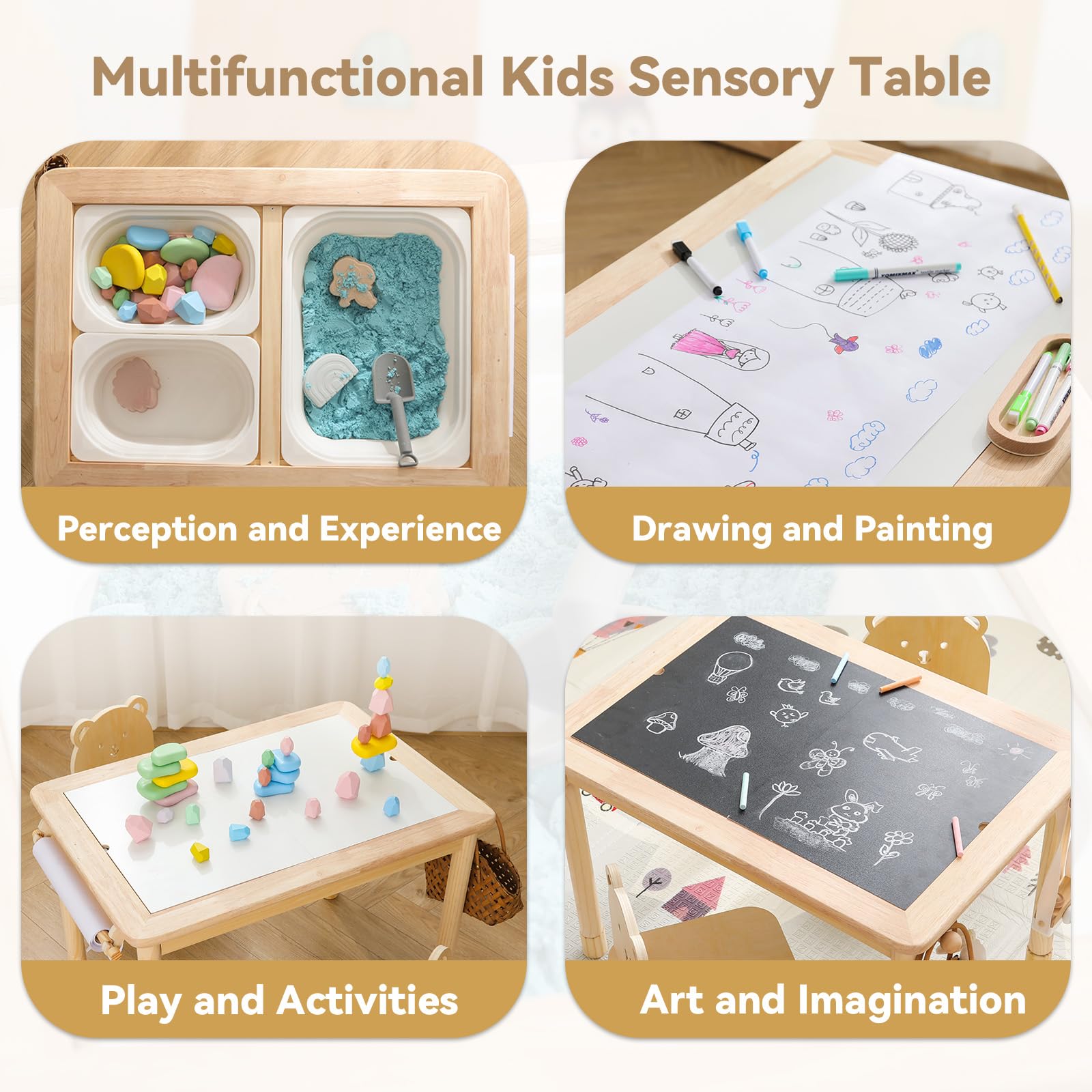 IEATFO Rubber Wood Montessori Sensory Table for Kids - Foldable Storage Bins, Adjustable Height, Reinforced Frame - Multifunctional Activity Table for Sensory Play & Learning - Perfect for Preschool, Daycare & Home Playroom