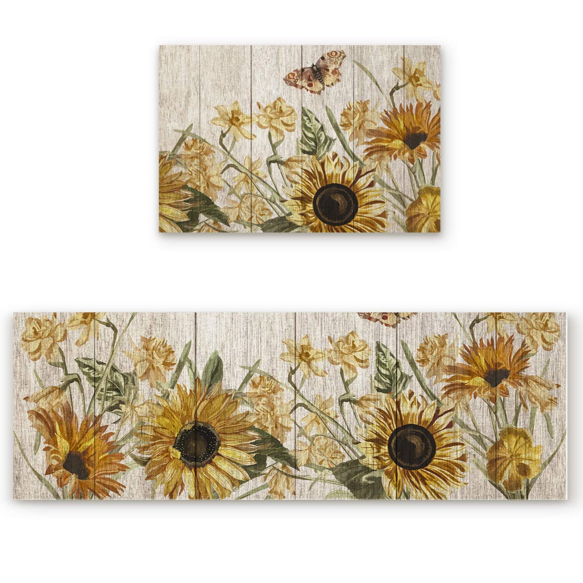 Yellow Sunflower Kitchen Floor Mats - 2-Piece Anti-Fatigue Cushioned Non-Slip Washable Rugs Set with Wooden Board & Butterfly Design | Perfect for Kitchen, Dining Room, and Entryway Decor