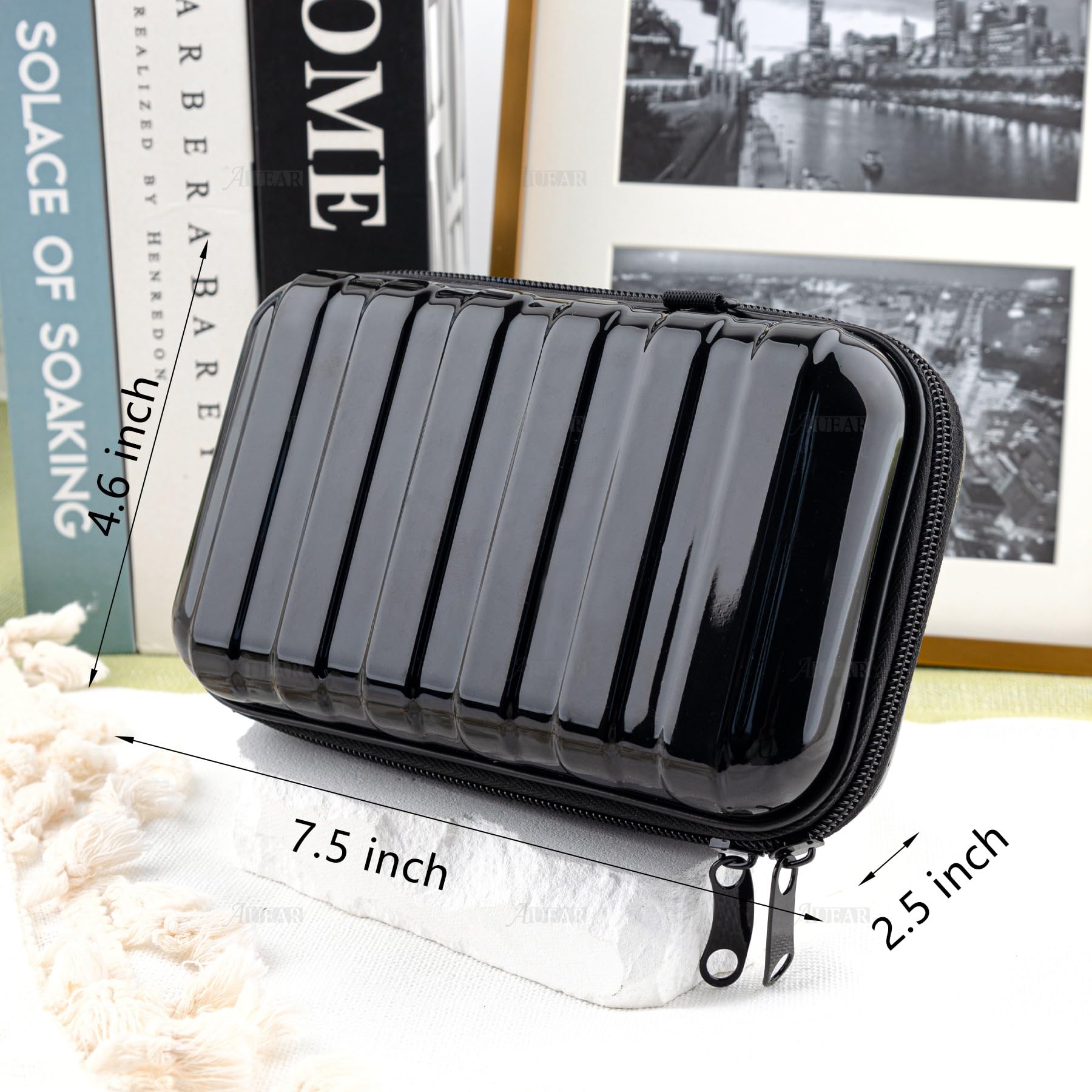 AUEAR Small Hard Shell Cosmetic Travel Case - 7 Inch Mini Vertical Toiletry Bag with Detachable Shoulder Strap & Grip Rope (Black) - Perfect for Airplane Carry-on, Gym Essentials & Weekend Getaways
