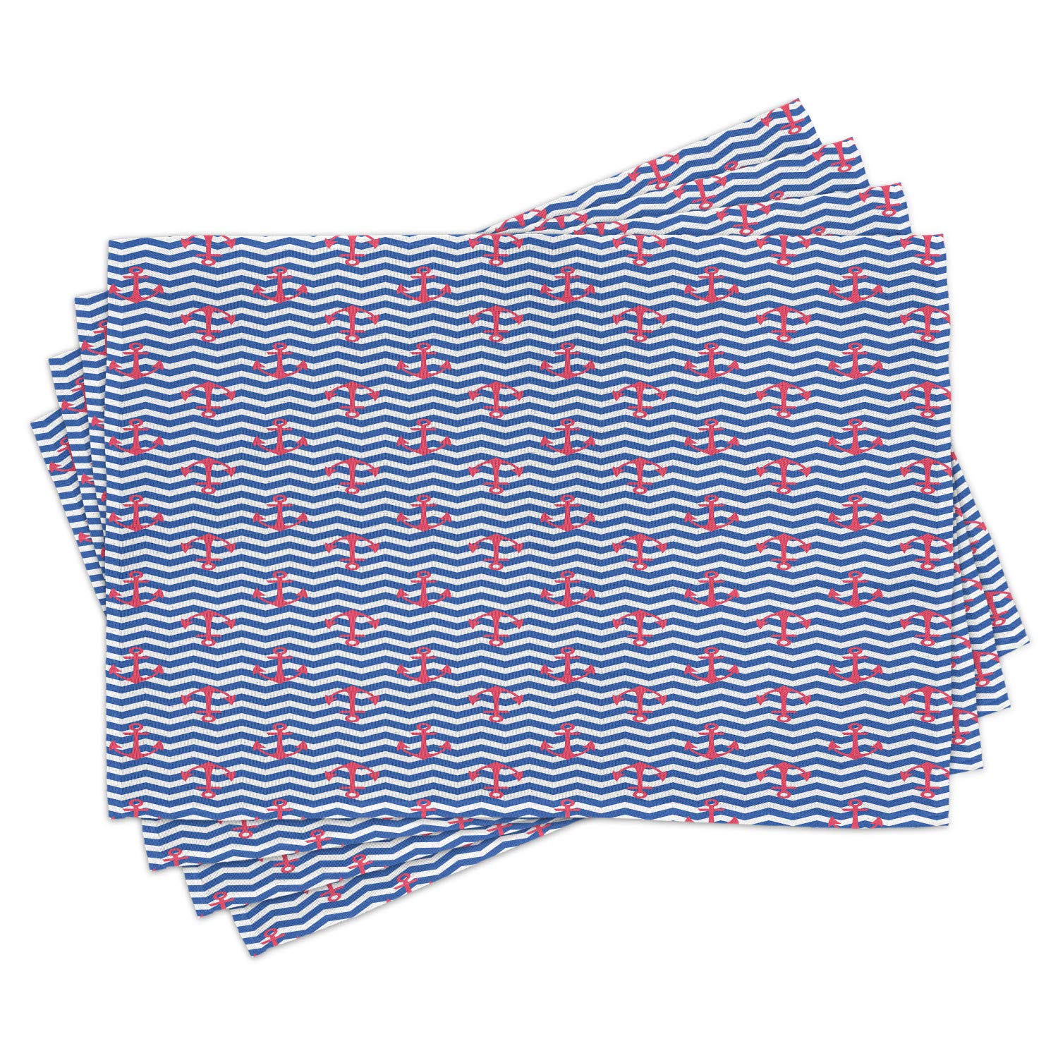 Ambesonne Anchor Place Mats Set of 4 - Geometric Anchor Silhouette Design on Wavy Zigzag Background, Washable Fabric Table Mats for Dining Room & Kitchen Decor in Blue, Dark Coral & White - Perfect for Dinner Parties, Family Gatherings & Coastal-Themed Home Decor