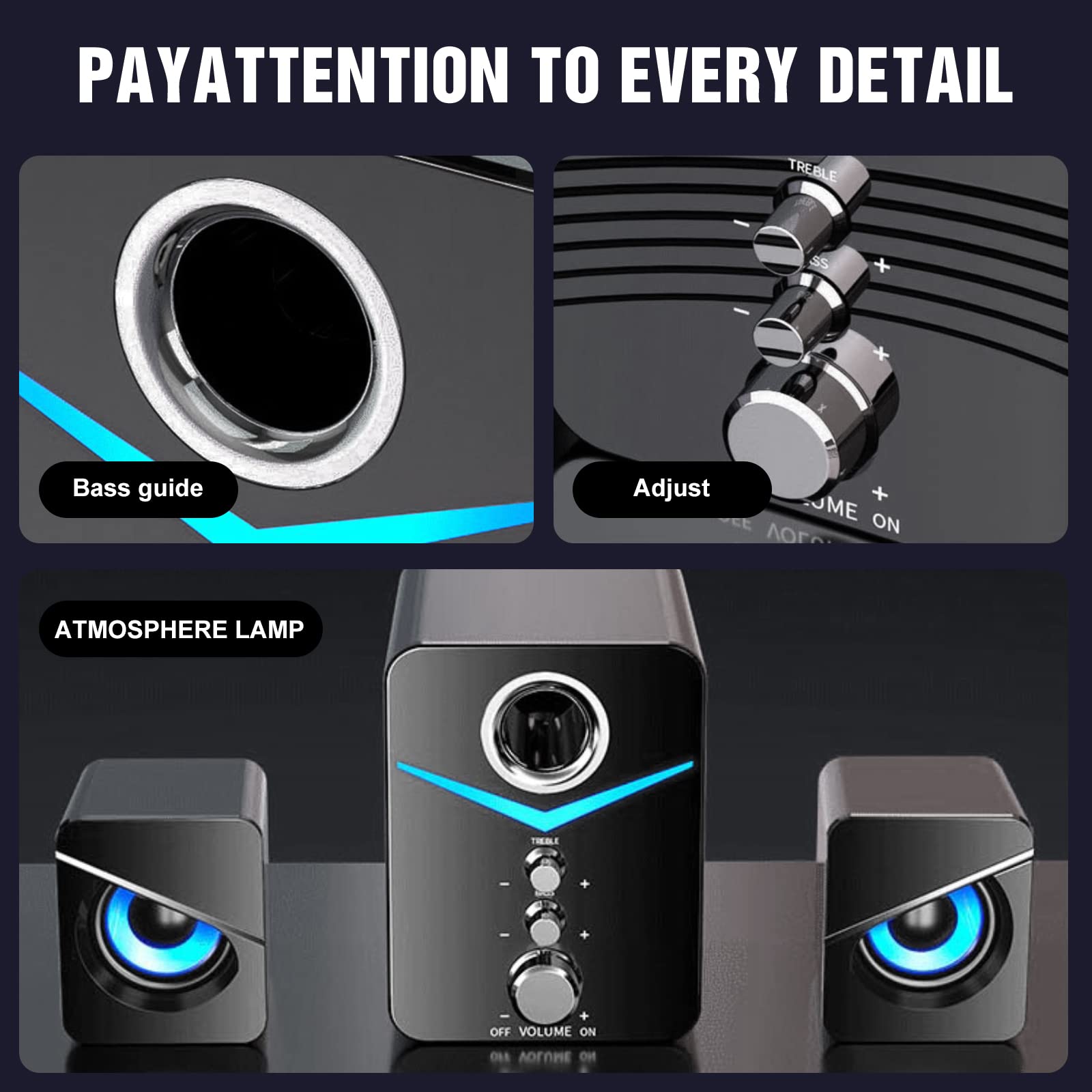HEANTTV 2.1 Computer Speakers with Subwoofer, USB Powered & 3.5mm Aux Connection, LED Lights for Desktop, Laptop, Tablet - Perfect for Gaming, Music, and Home Office