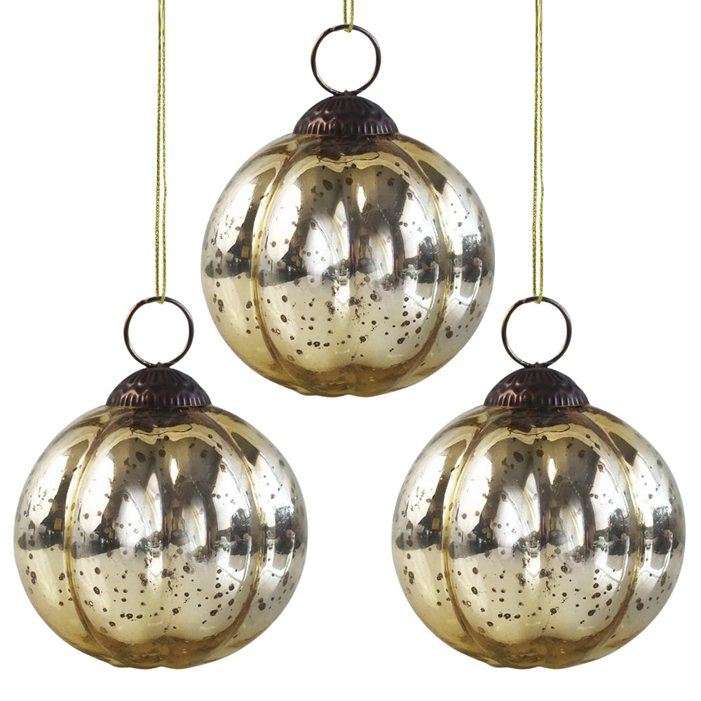 6 Pack Large Mercury Glass Ball Ornaments - 3 Inch Gold Posey Design Christmas Tree Decorations | Vintage Style Holiday Party Decor for Home, Wedding & Special Occasions | Perfect Gift Idea for Festive Seasonal Decorating